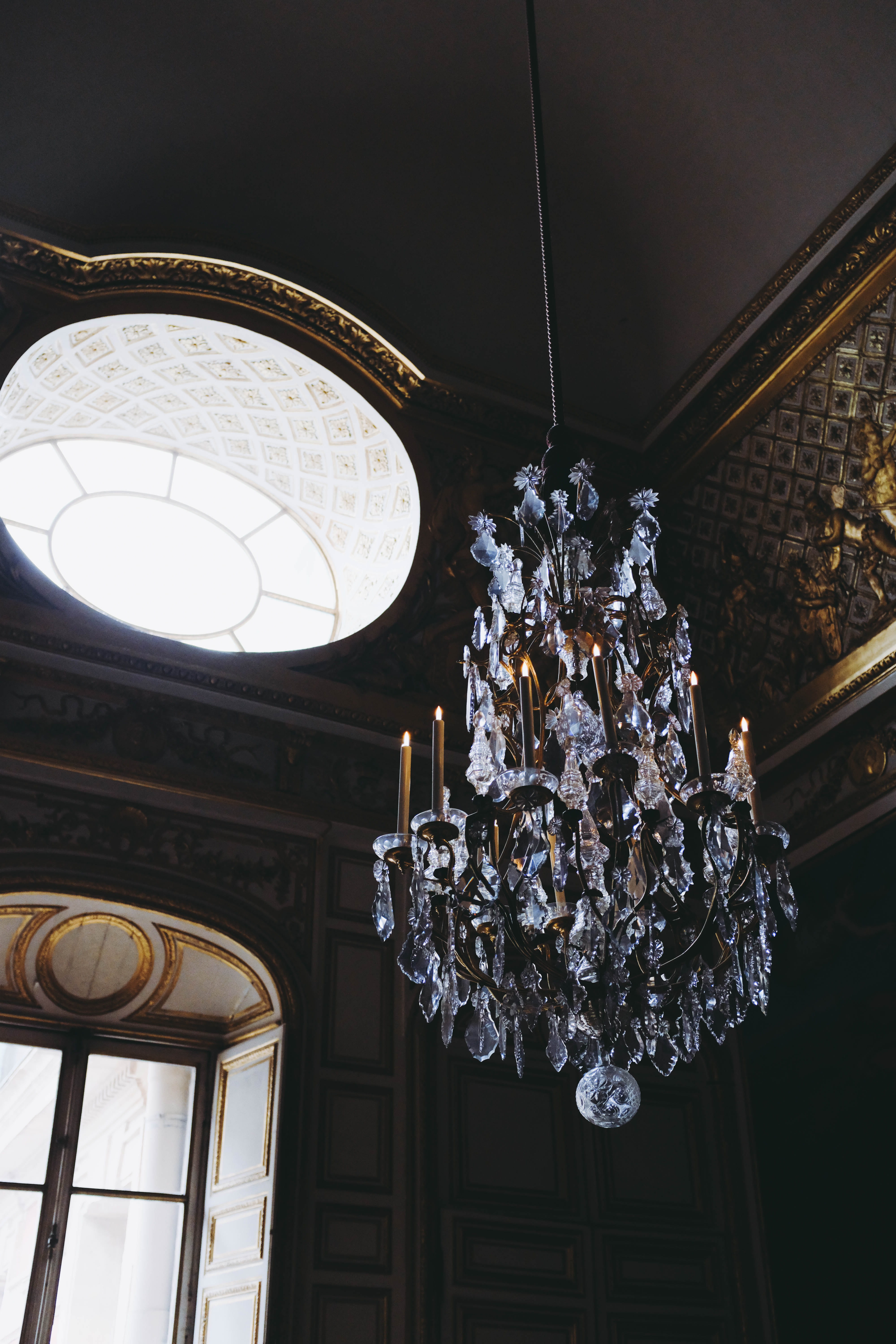 5K, no people, wealth, glass, room, elegance, light fixture, antique, window, illuminated, crystal, furniture, arched, built structure, dining table, electric lamp, Phone HD Wallpaper