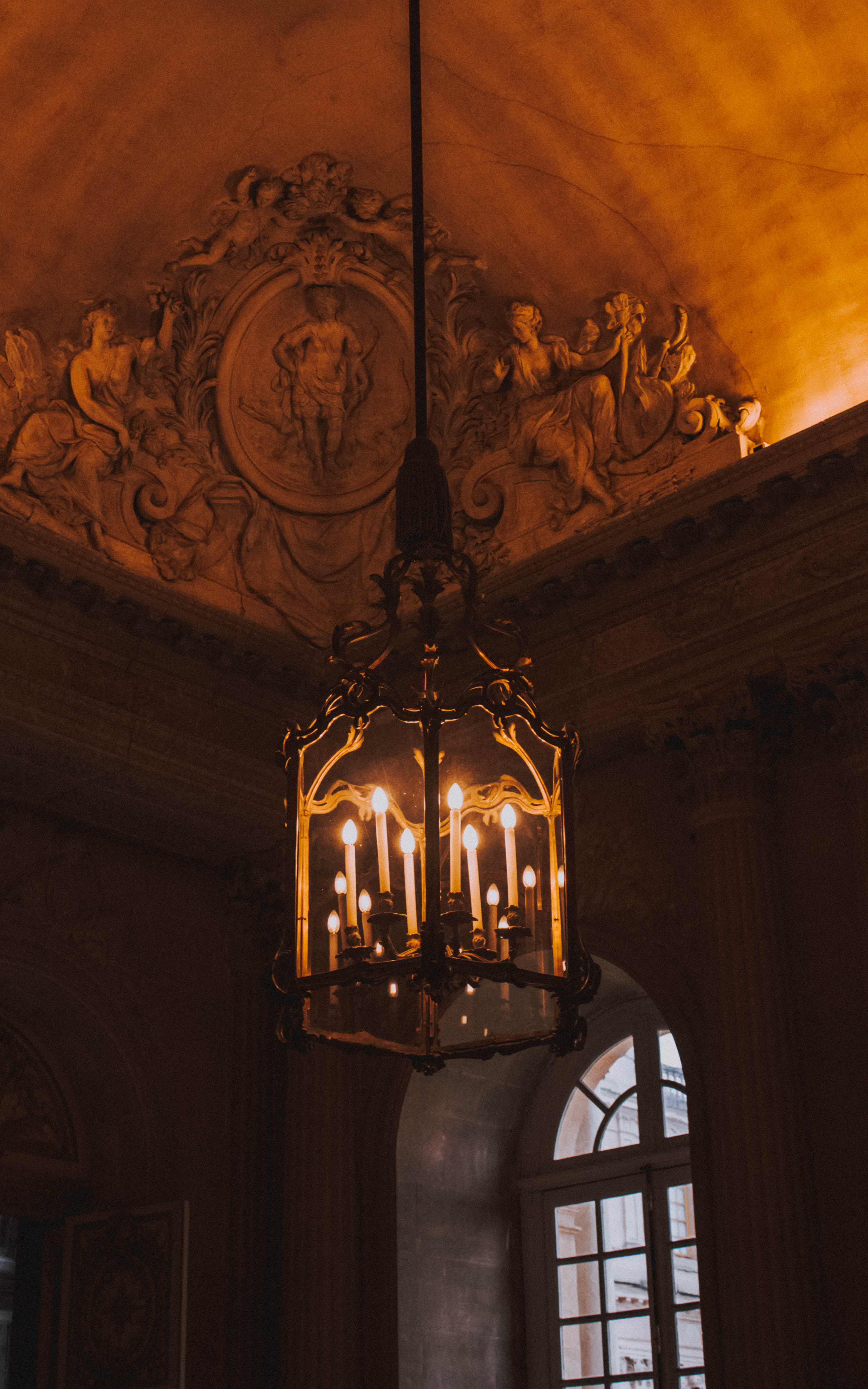 sculpture, no people, belief, lamp, light fixture, lighted, ornate, ceiling, flooring, france, low angle view, travel, spirituality, male likeness, creativity, Phone HD Wallpaper