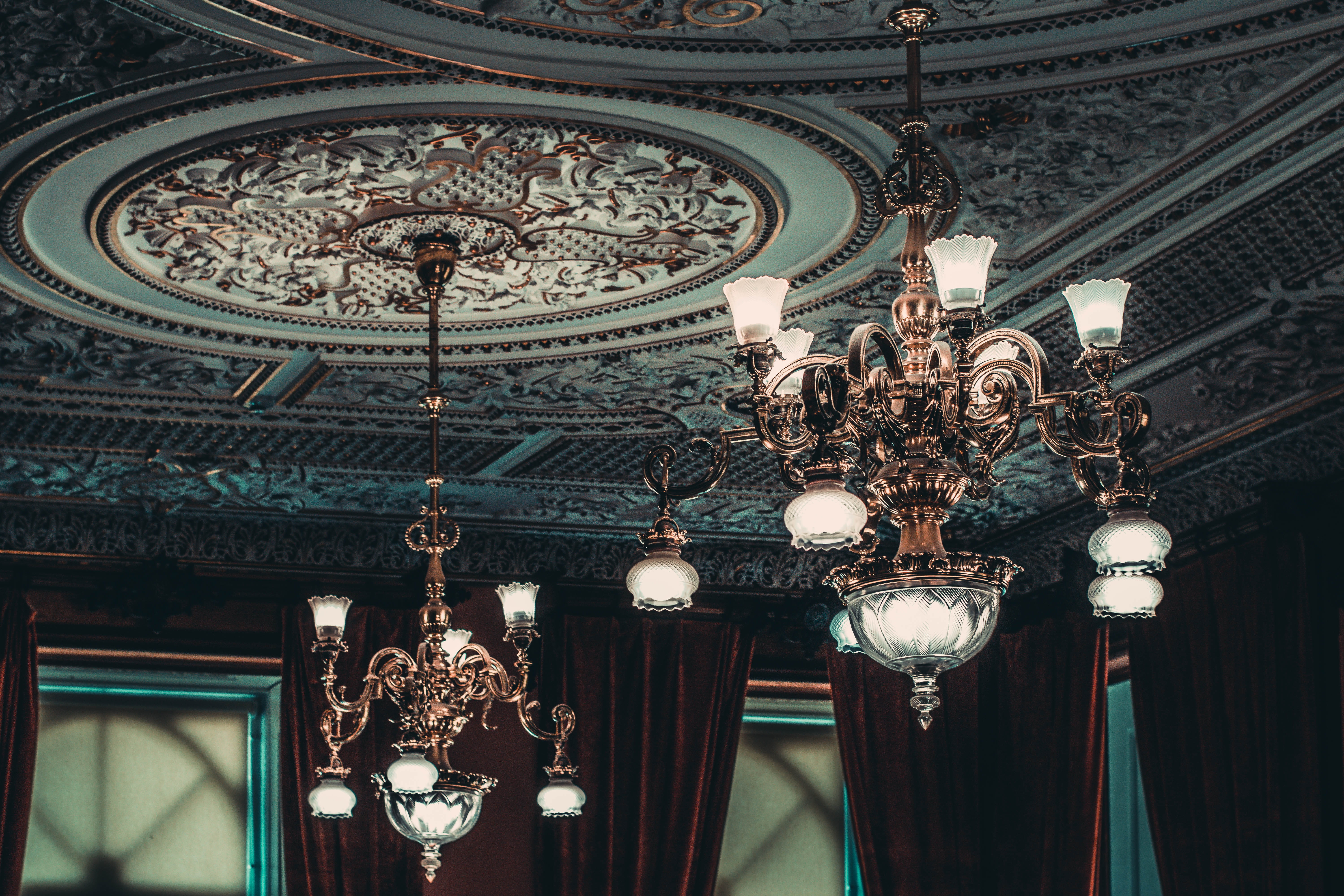 travel destinations, furniture, fancy, illuminated, chandelier, ornate, two, indoors, dark, room, built structure, history, interior design, reception, HD Wallpaper
