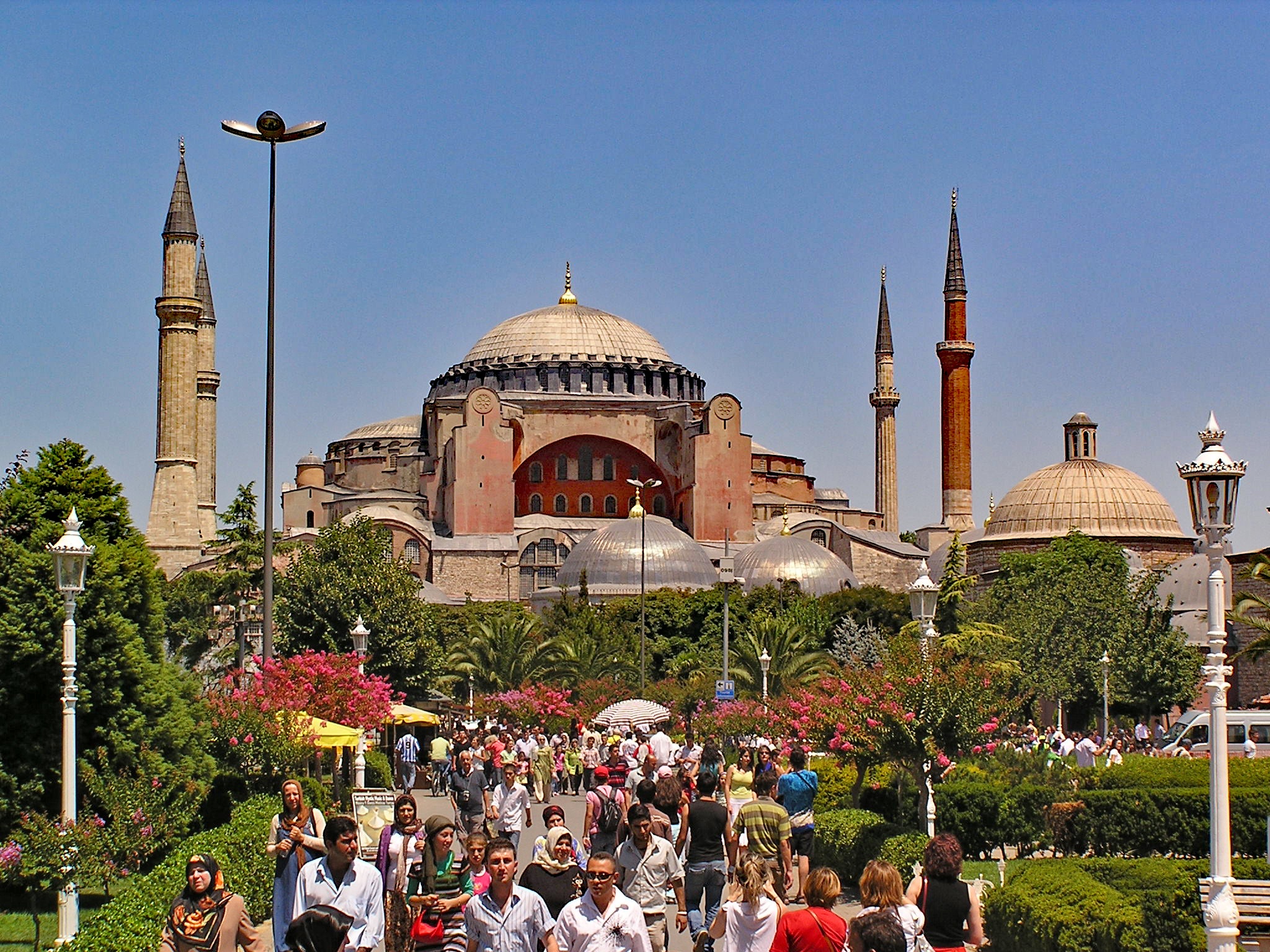 places of interest, building, museum, turkey, faith, building exterior, istanbul, tourism, dome, 1080P, religion, hagia sophia, clear sky, sky, travel, HD Wallpaper