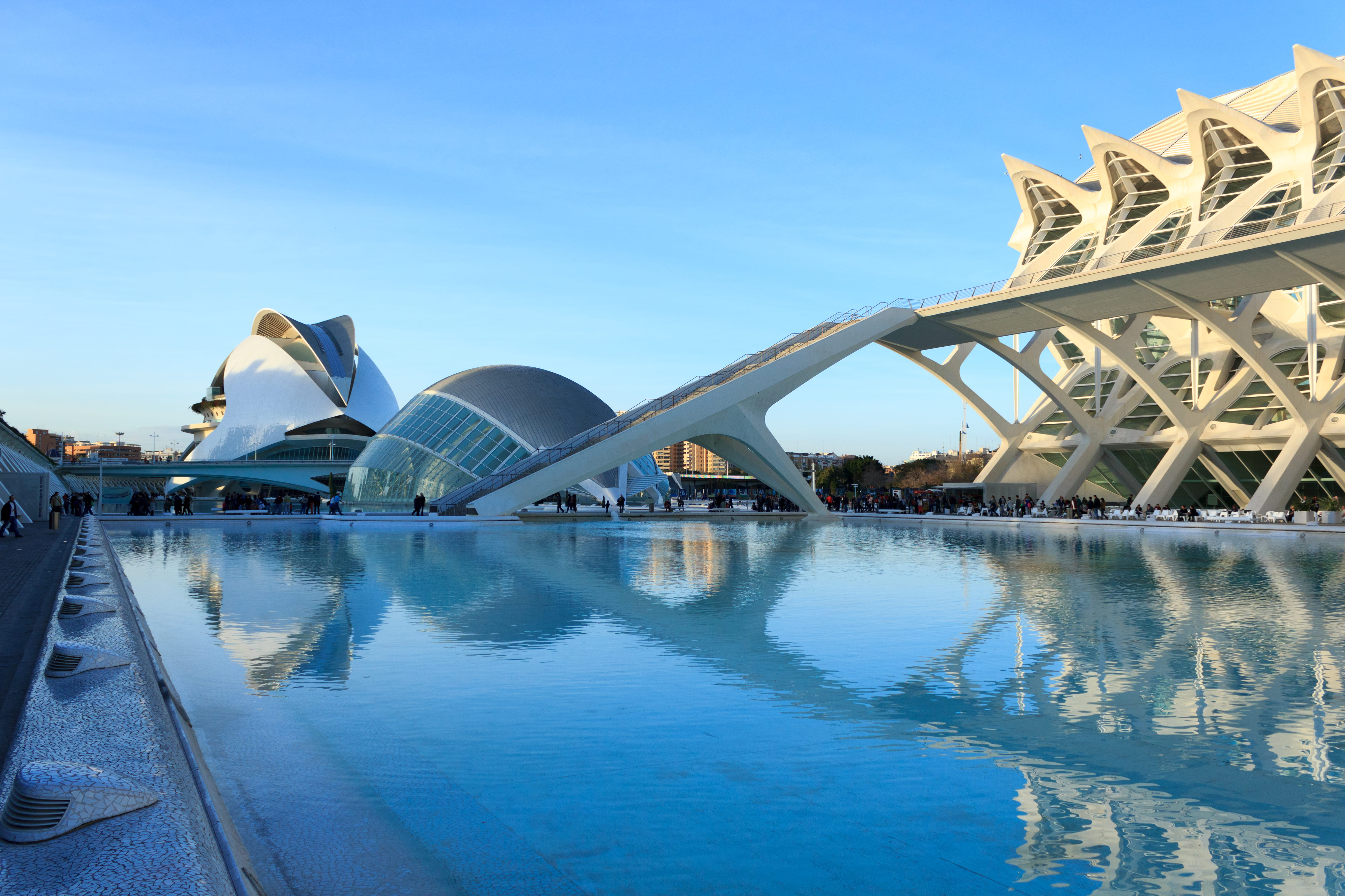 no people, day, building, valencia, ciudad de las artes y las ciencias, blue sky, design, clear sky, connection, people, museum, architecture, reflection, HD Wallpaper