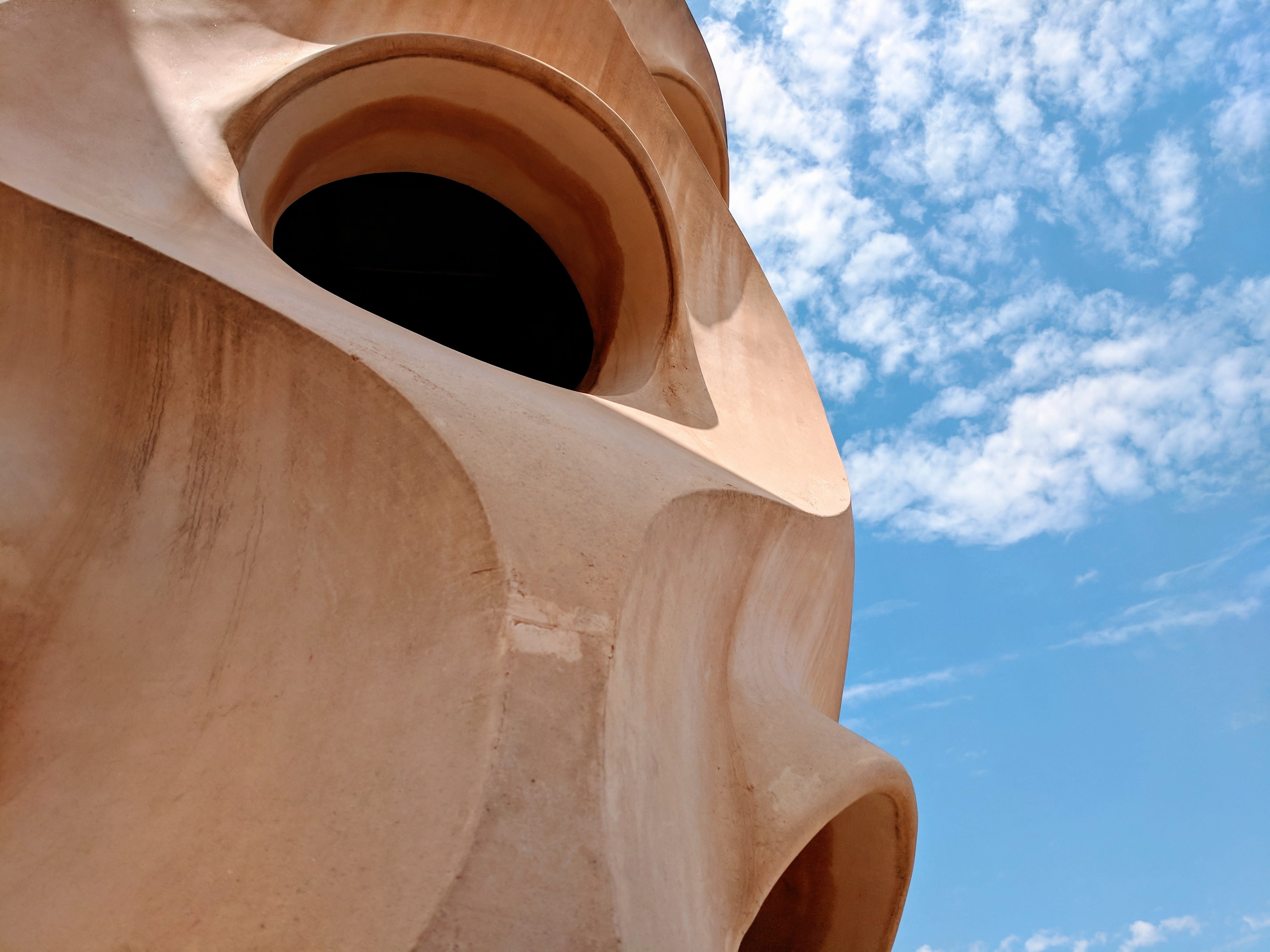 architecture, built structure, cloud - sky, building, day, blue, la pedrera, spain, brown, nature, concrete, architectural column, sky, shape, chimney, HD Wallpaper
