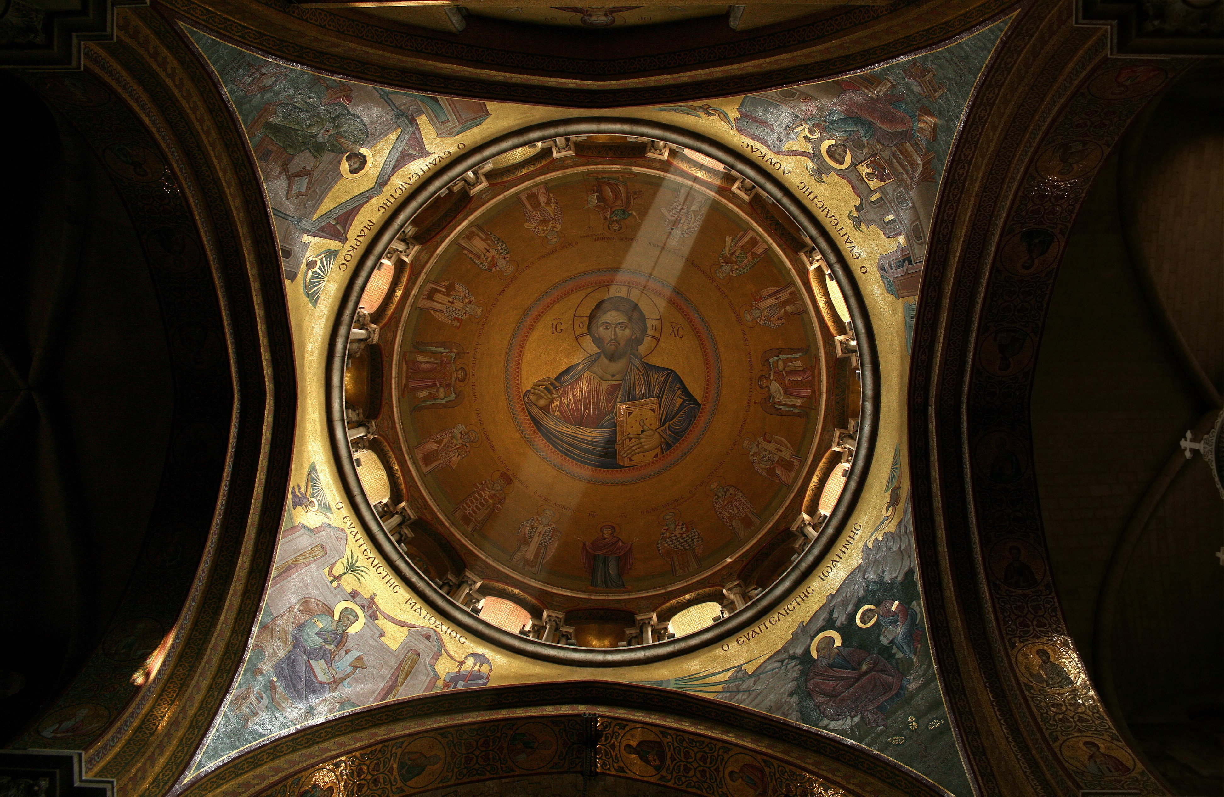 religion, human representation, ceiling, low angle view, church of the holy sepulchre, place of worship, indoors, built structure, dome, pattern, craft, HD Wallpaper