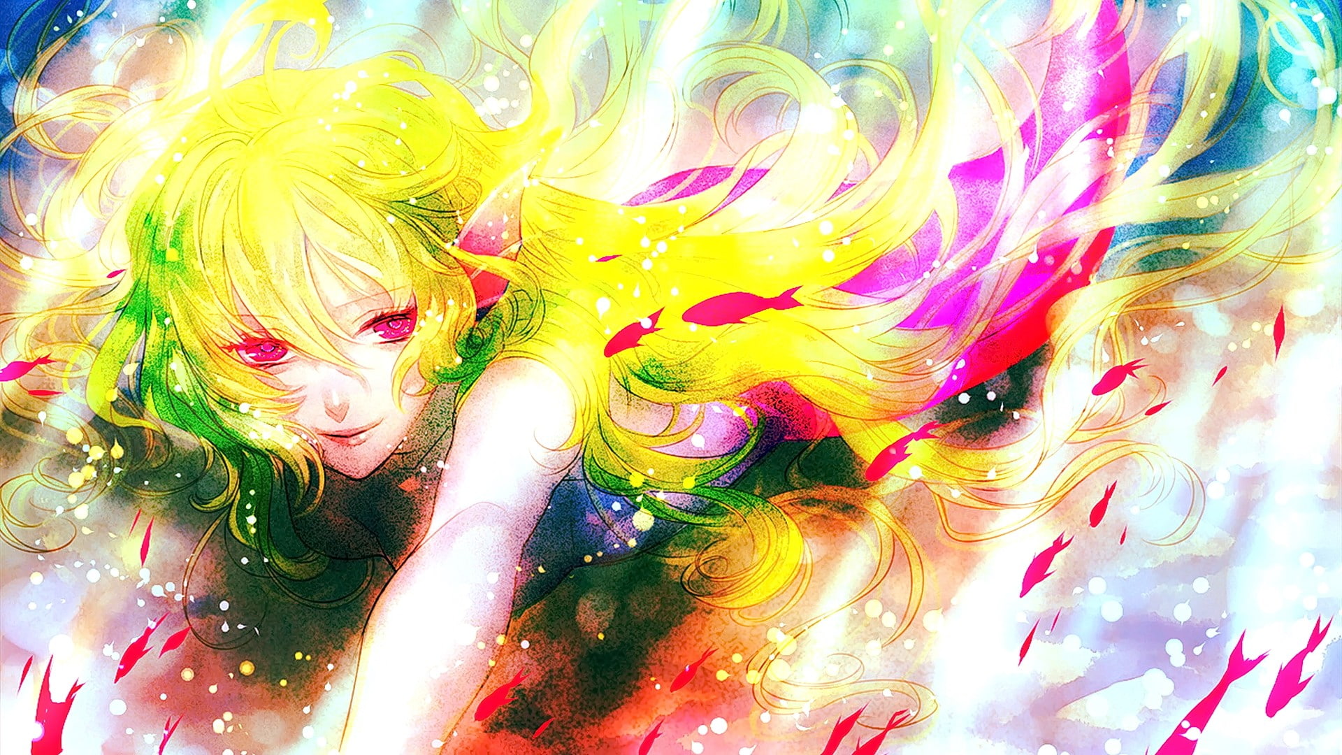 long hair, indoors, pattern, anime girls, backgrounds, water, variation, multi colored, looking away, choice, art and craft, high angle view, paint, creativity, HD Wallpaper