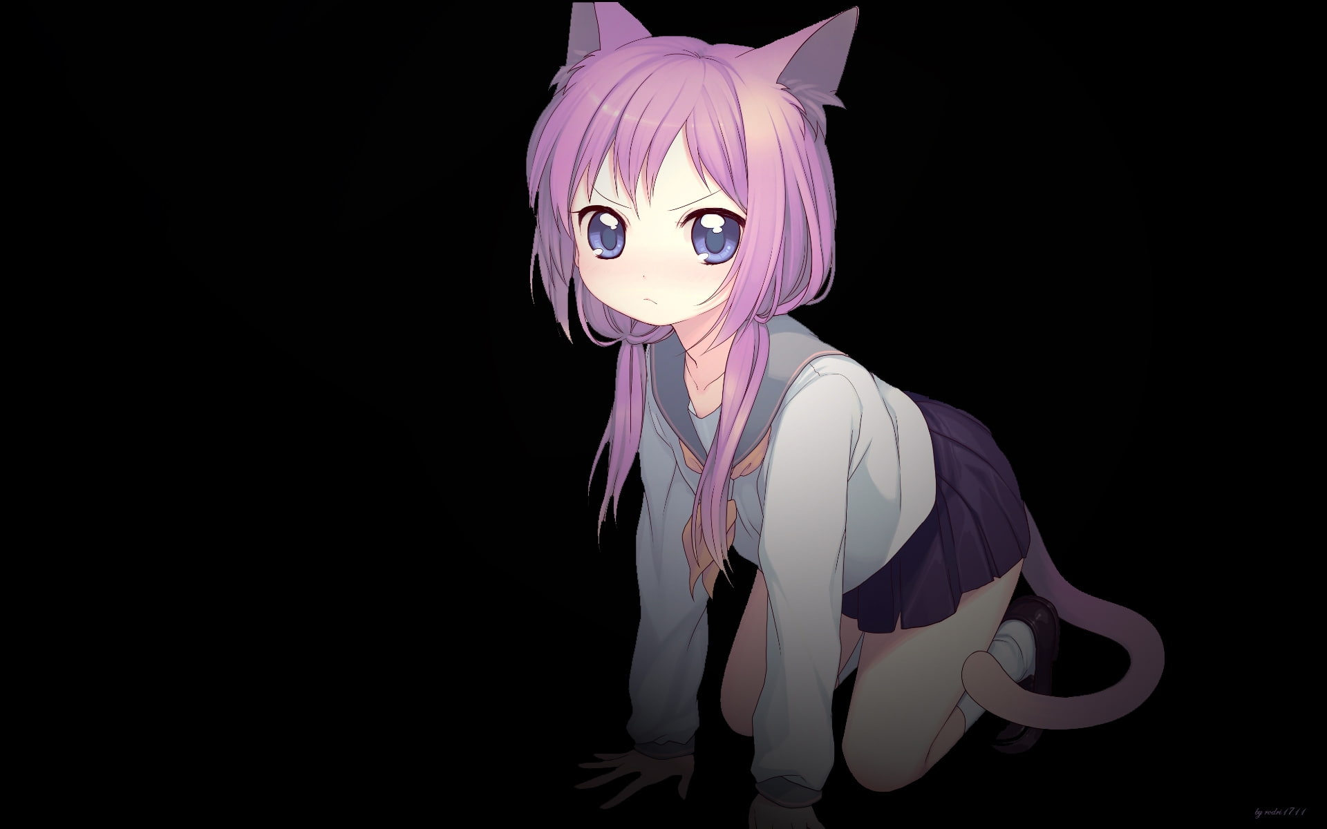 Blue Eyes, cats, w, animals, cat, pink, x, 1080P, hair, long, school, tail, nekomimi, eyes, ears, skirts, Black, art, hd, uniforms, blue, HD Wallpaper