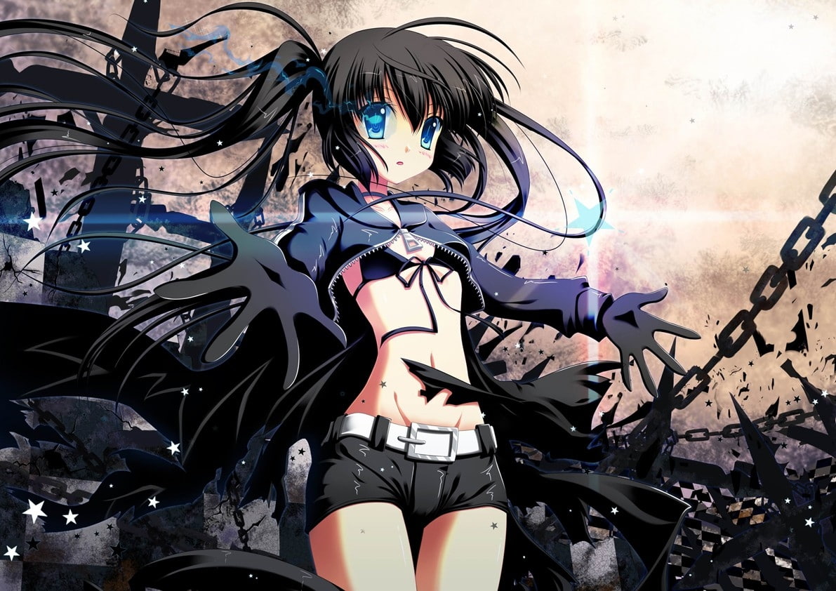 weapons, artwork, rock, cannons, 480P, long, Black Rock Shooter, chains, art, anime, hair, Blue Eyes, shooter, hot, girls, black, hd, eyes, blue, HD Wallpaper