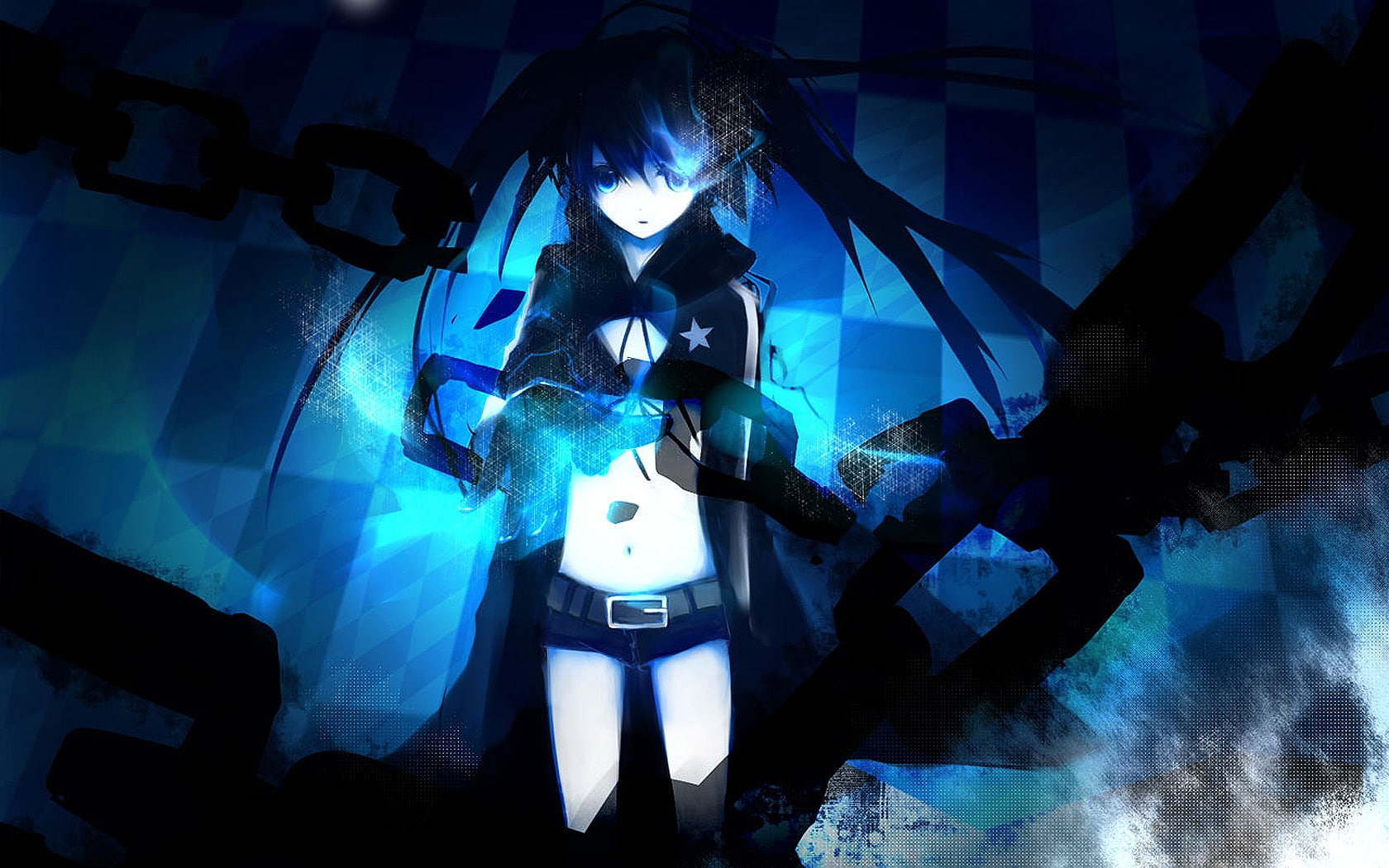 blue, hd, rock, Black Rock Shooter, girls, black, anime, eyes, art, 720P, shorts, shooter, Blue Eyes, HD Wallpaper