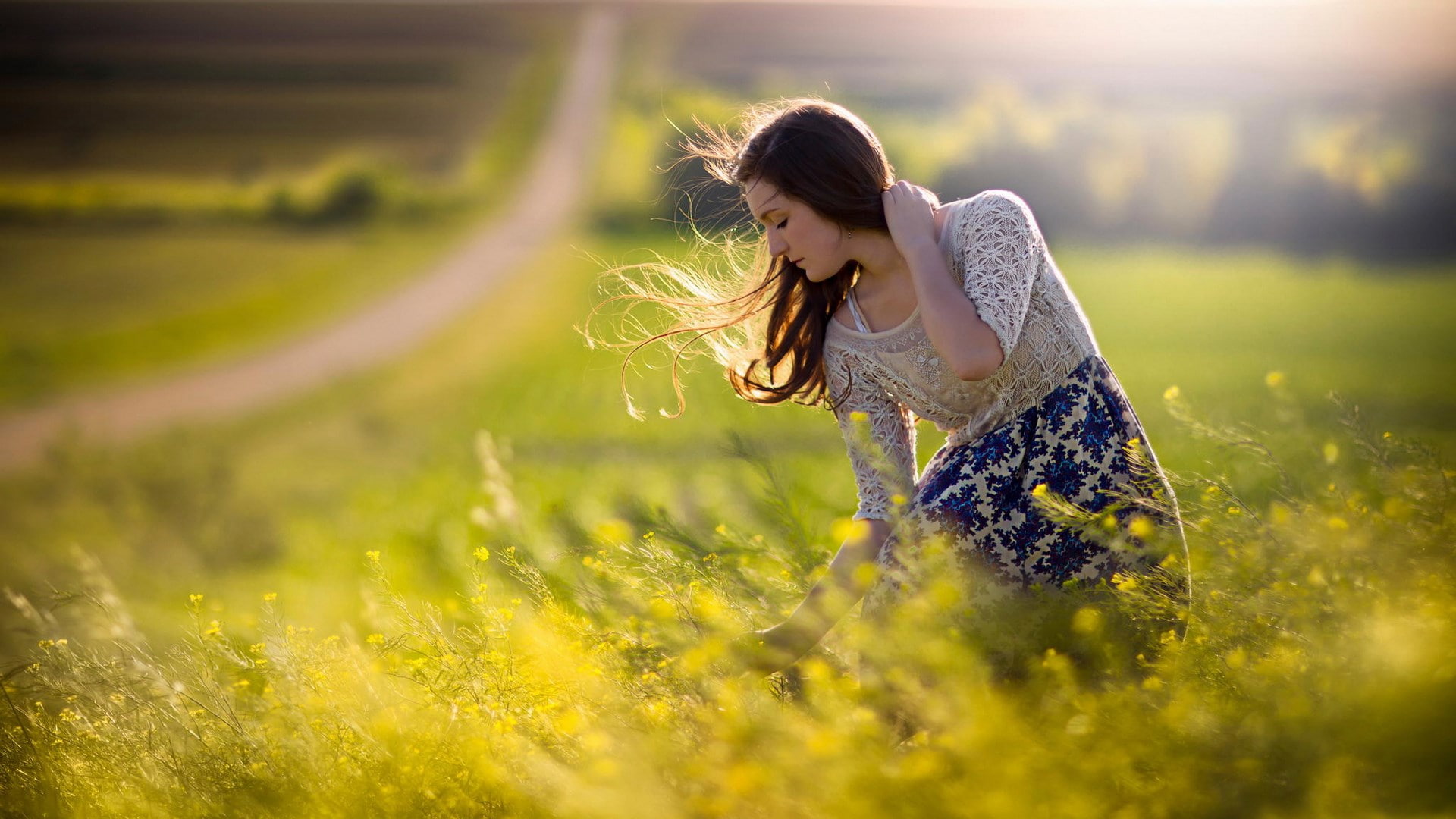 freedom, adult, grass, plant, beauty in nature, brown hair, beauty, young adult, one person, rural scene, 1080P, landscape, nice girl pic 1920x1080, contemplation, HD Wallpaper
