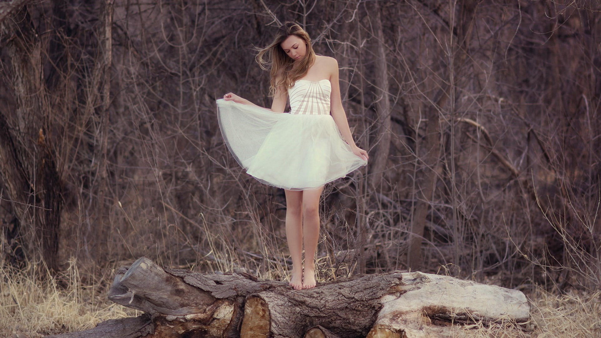hair, woodland, plant, fashion, one person, standing, forest, tree, dress, wood, outdoors, full length, front view, nice girl pic 1920x1080, beauty, women, HD Wallpaper