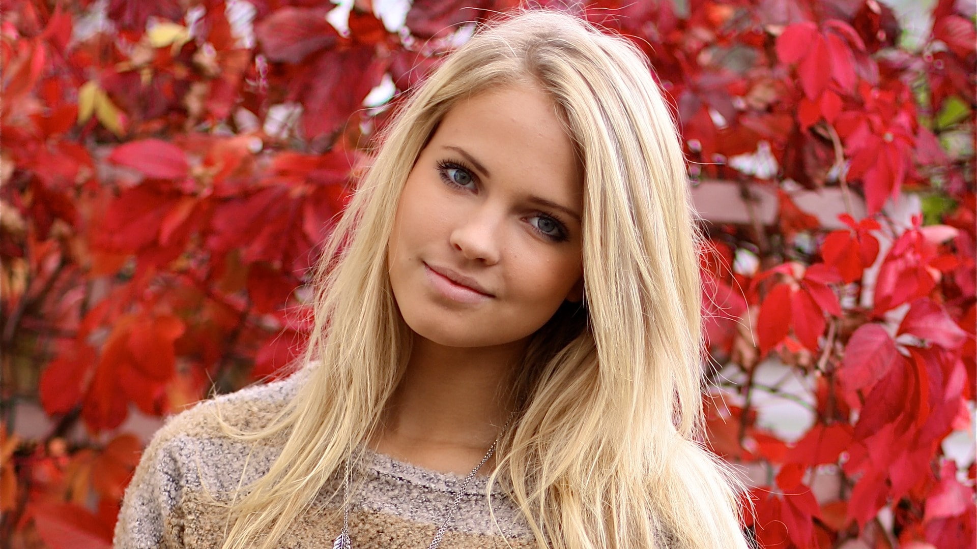 nice girl pic 1920x1080, women, outdoors, young adult, autumn, beautiful people, looking at camera, straight hair, plant, leaf, beautiful woman, 1080P, HD Wallpaper