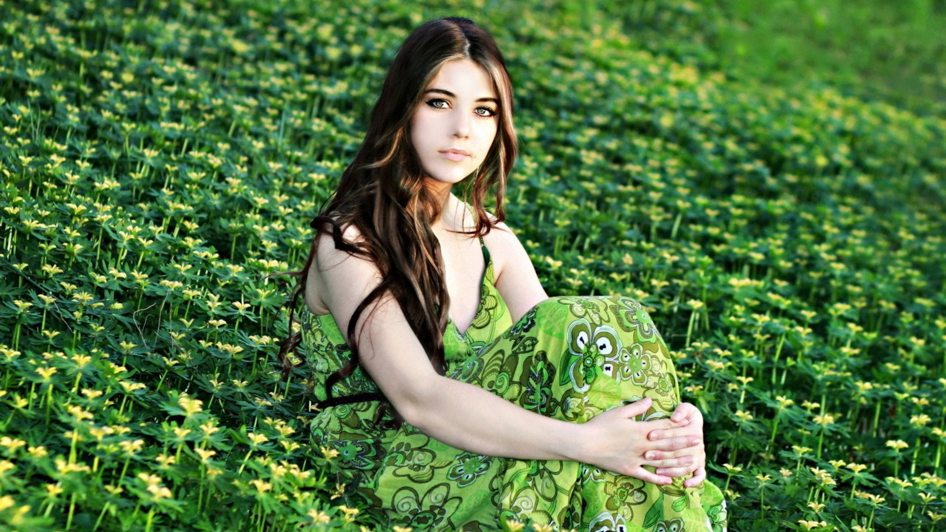 grass, one person, land, beautiful woman, hairstyle, long hair, 1080P, portrait, hair, nature, outdoors, field, plant, green color, nice girl pic 1920x1080, HD Wallpaper