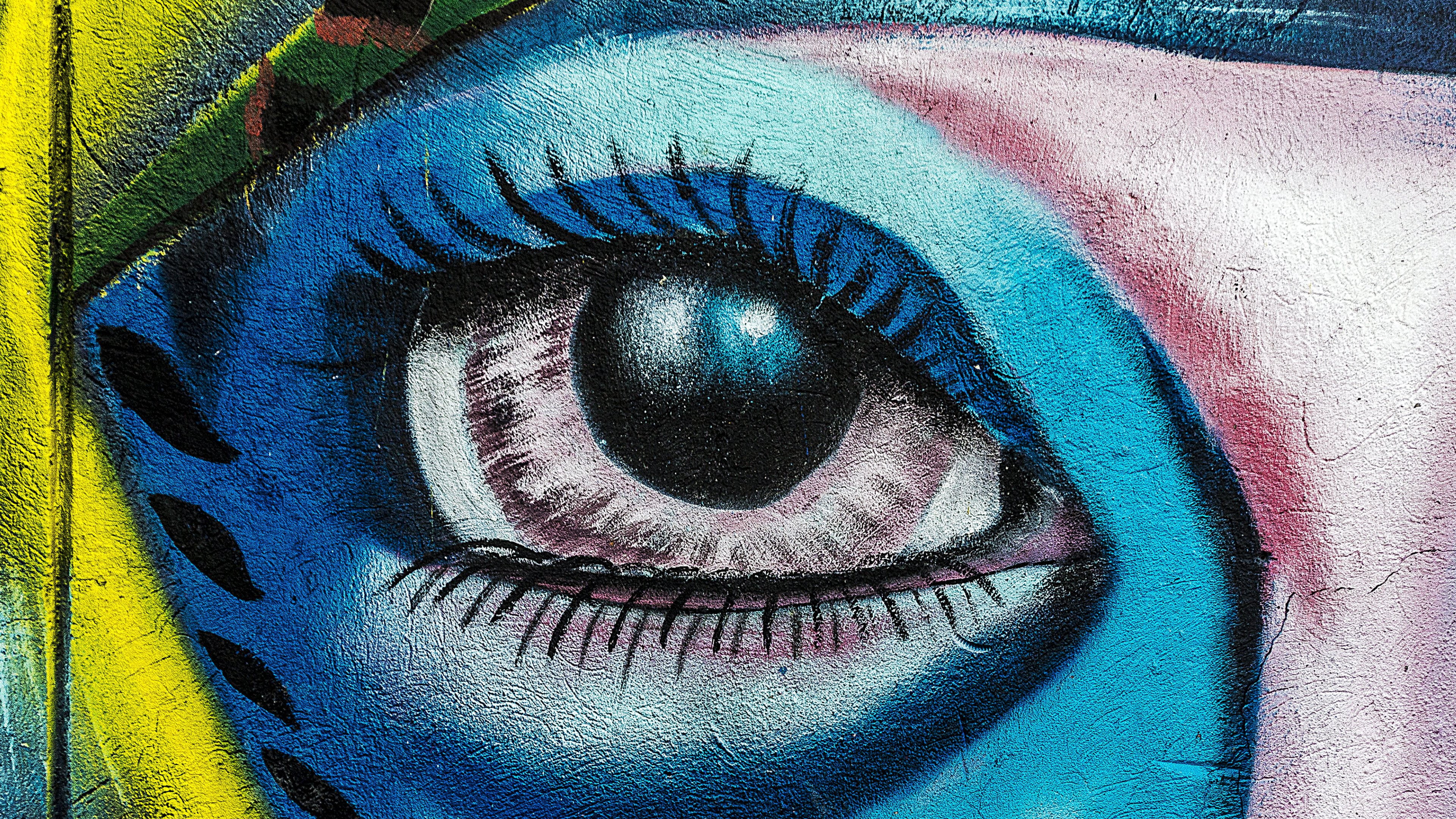 wall, blue, one person, outdoors, eyelash, graffiti, close-up, iris - eye, cyan, colorful, body part, full frame, backgrounds, eyesight, paint, multi colored, HD Wallpaper