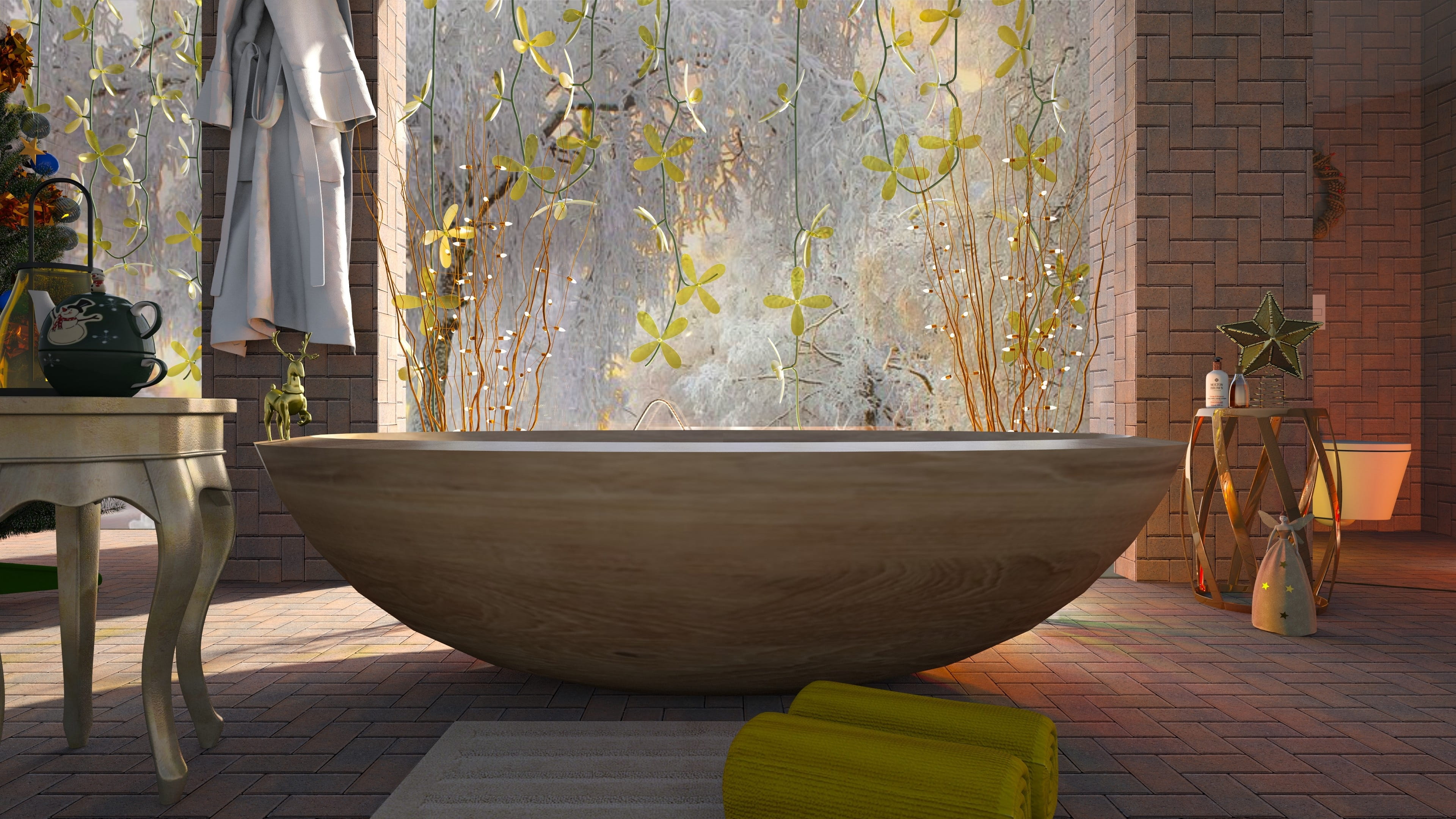 sunlight, seat, potted plant, table, winter, tile, outdoors, curtain, building, wall - building feature, wall, 4K, golden, day, bathroom, window, towel, HD Wallpaper