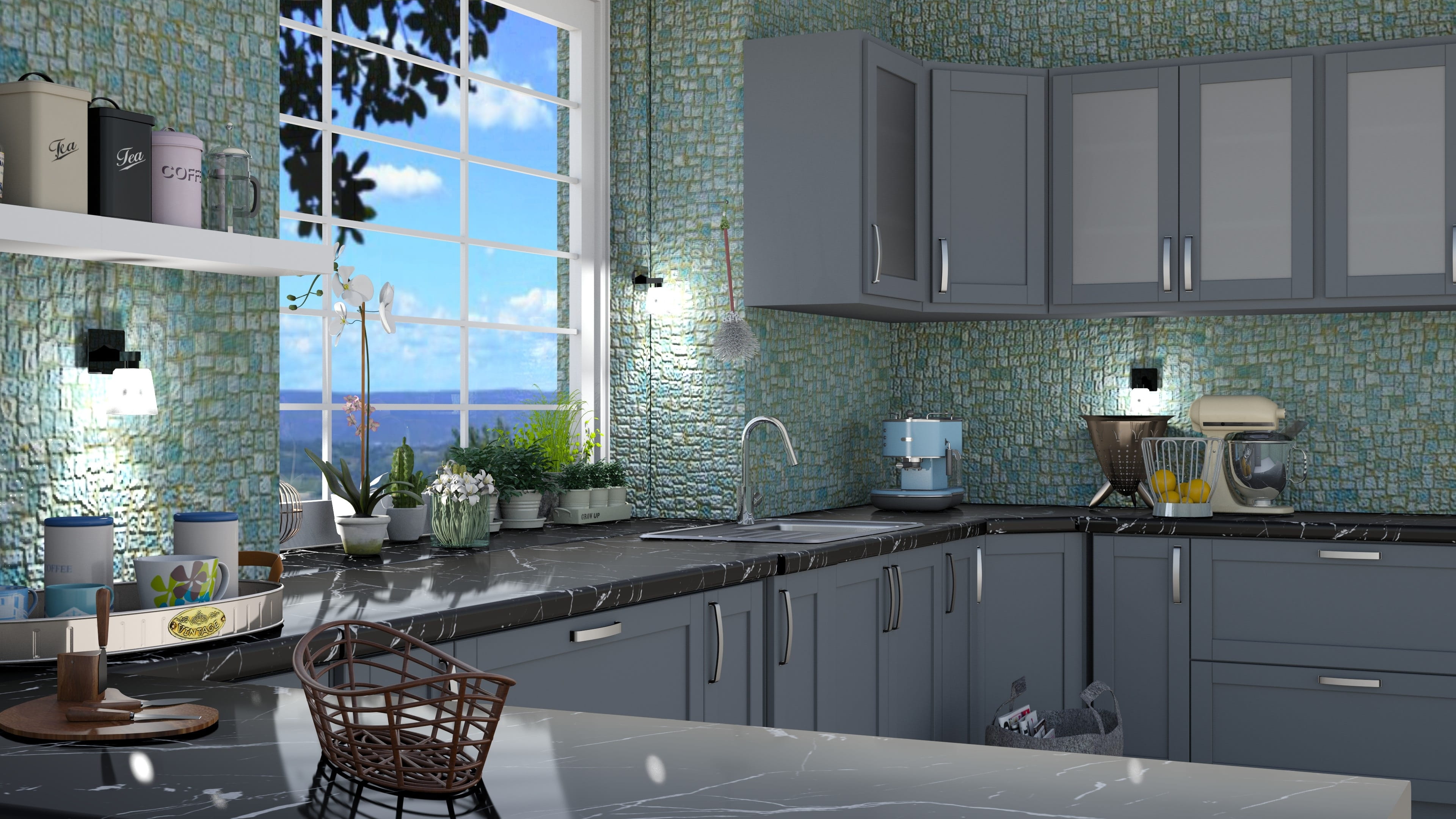 indoors, kitchen, kitchen counter, built structure, domestic room, furniture, tile, design, day, apartment, household equipment, home, window, luxury, sink, HD Wallpaper