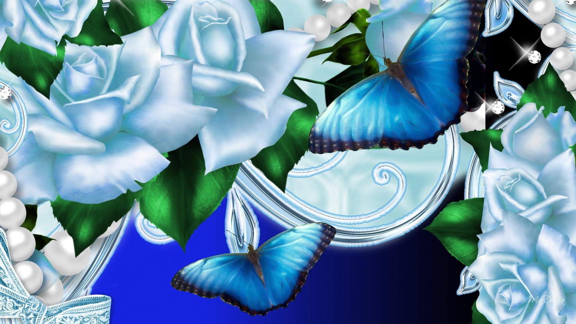 blue, nature and landscapes, butterflies, roses, summer, flower, illustration, flowers, ribbon, pink, 1080P, butterfly, papillon, HD Wallpaper