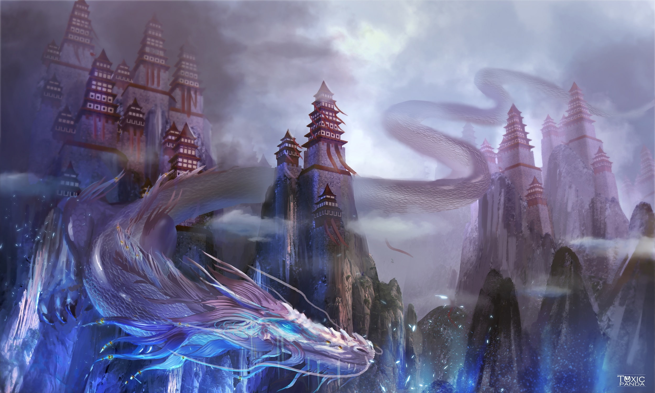 Mountain, Fantasy, Asian, Dragon, 1080P, Chinese Dragon, Castle, HD Wallpaper