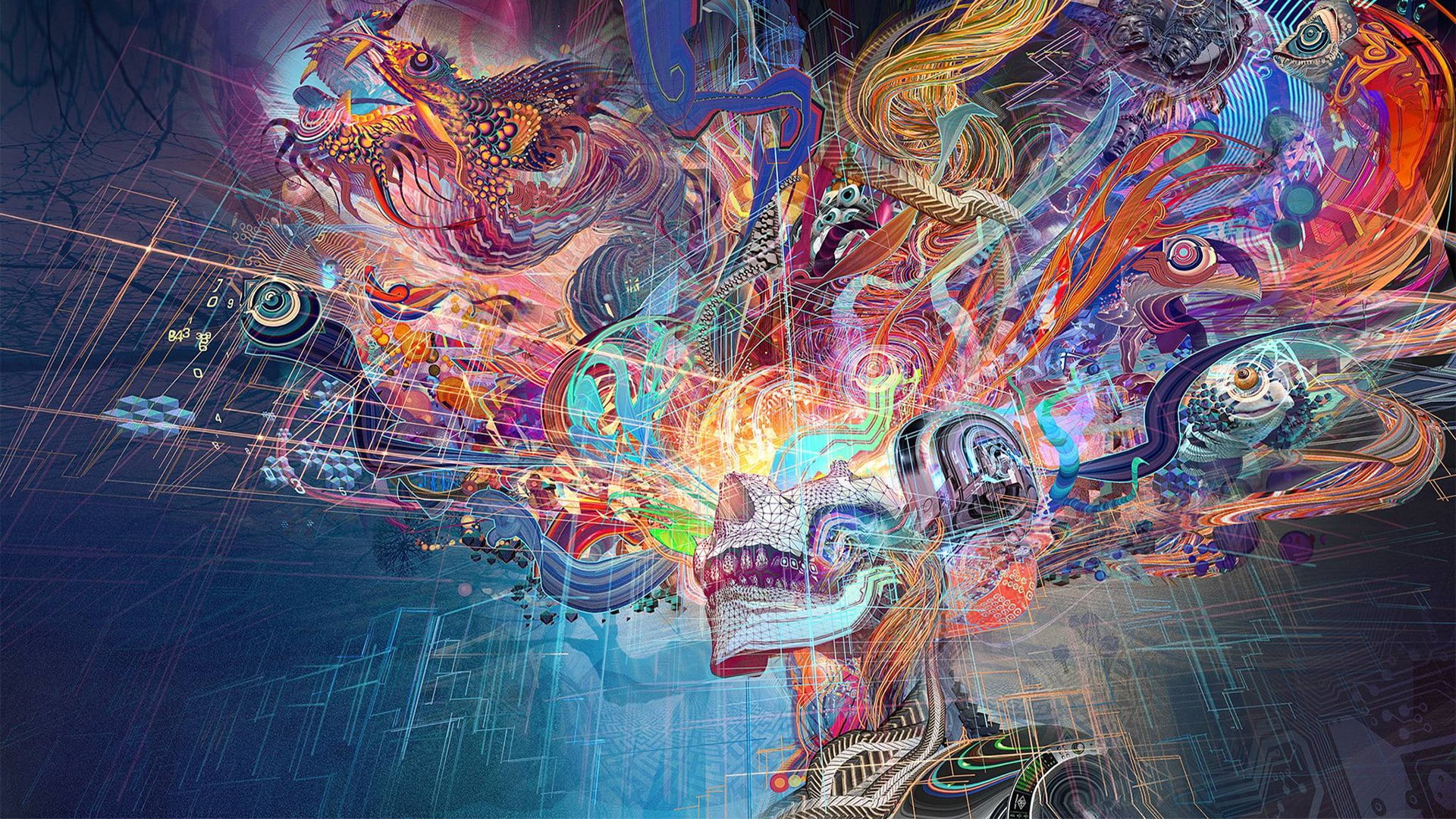 fantasy art, digital art, chinese dragon, 1080P, colorful, abstract, skull, HD Wallpaper