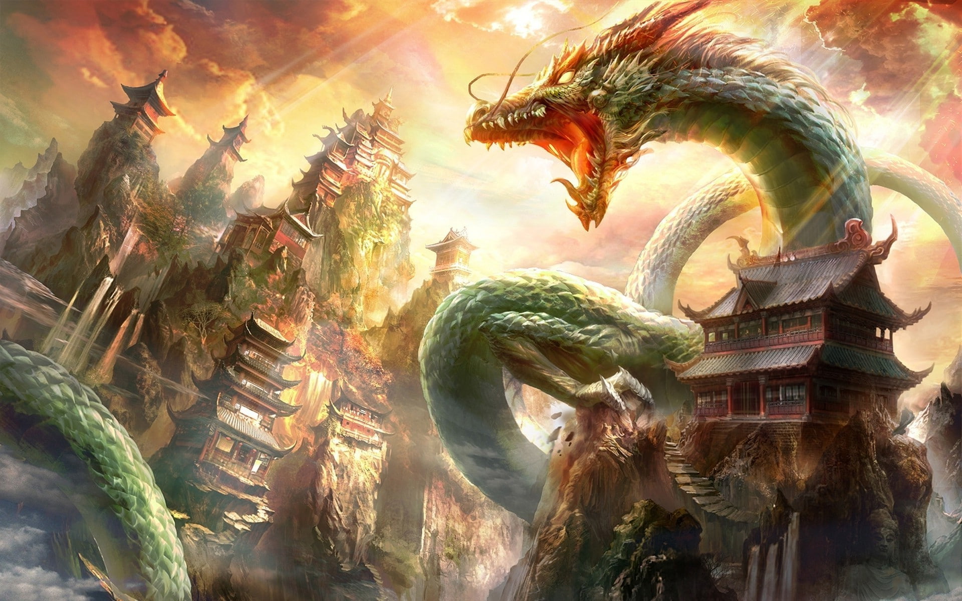 1080P, fantasy Art, Chinese Architecture, dragon, HD Wallpaper