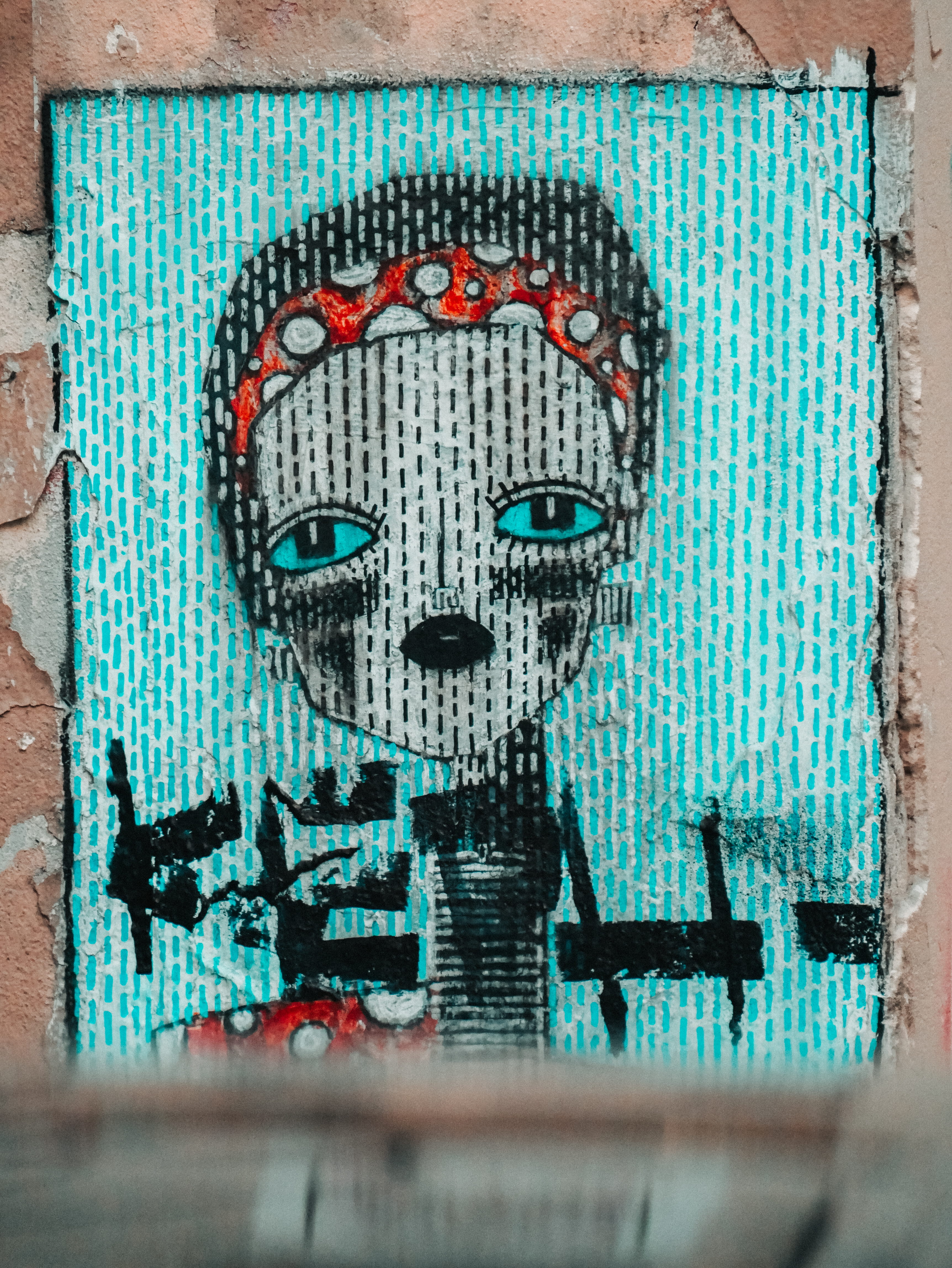 colours, built structure, graffiti, pattern, rug, 4K, streets, close-up, day, turquoise colored, painting, green, walls, blue, collage, drawings, digital composite, Phone HD Wallpaper