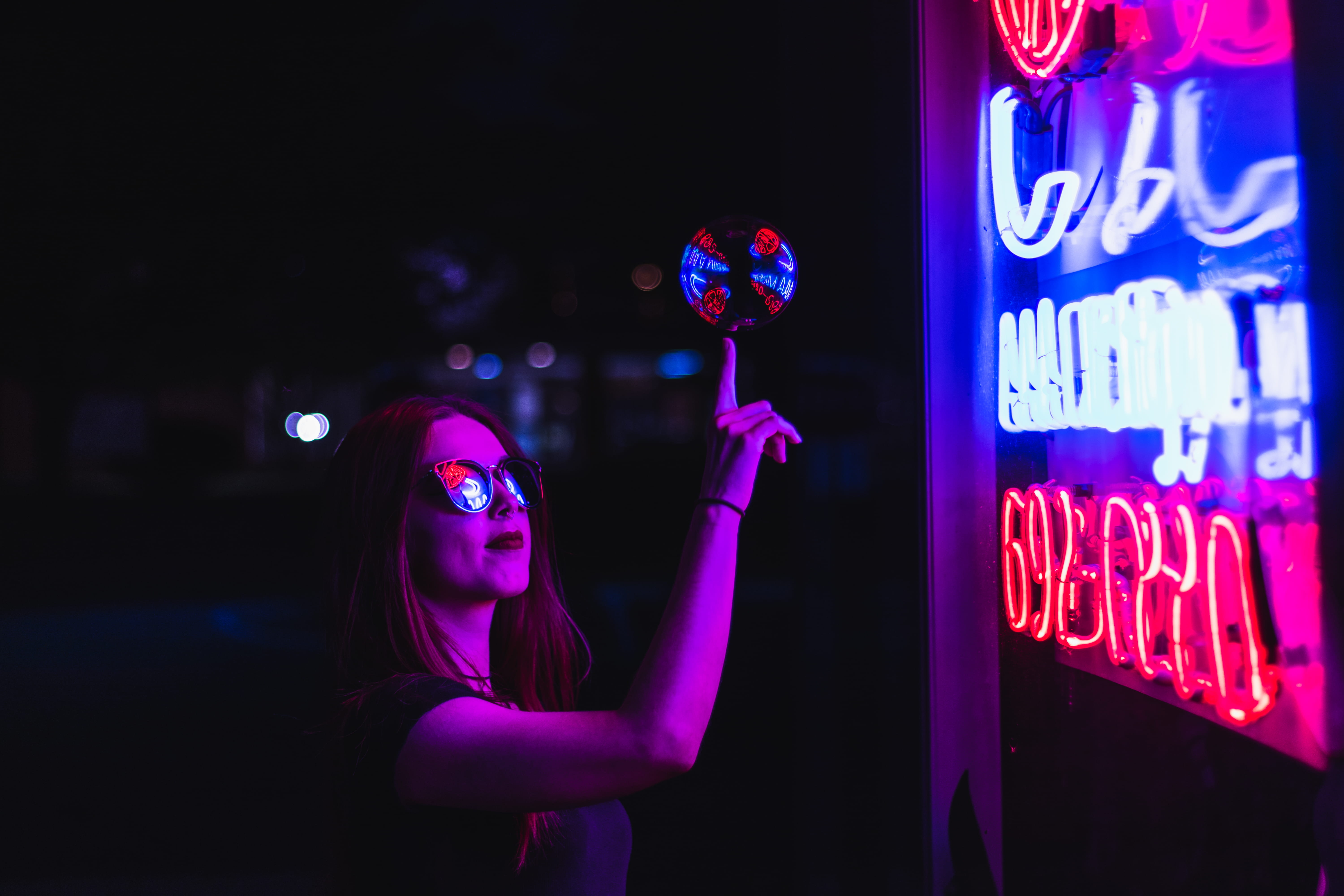 night life, poster, s, glitter, women, spinning, young adult, young women, dark, human, light, finger, woman, face, portrait, night, communication, multi, HD Wallpaper