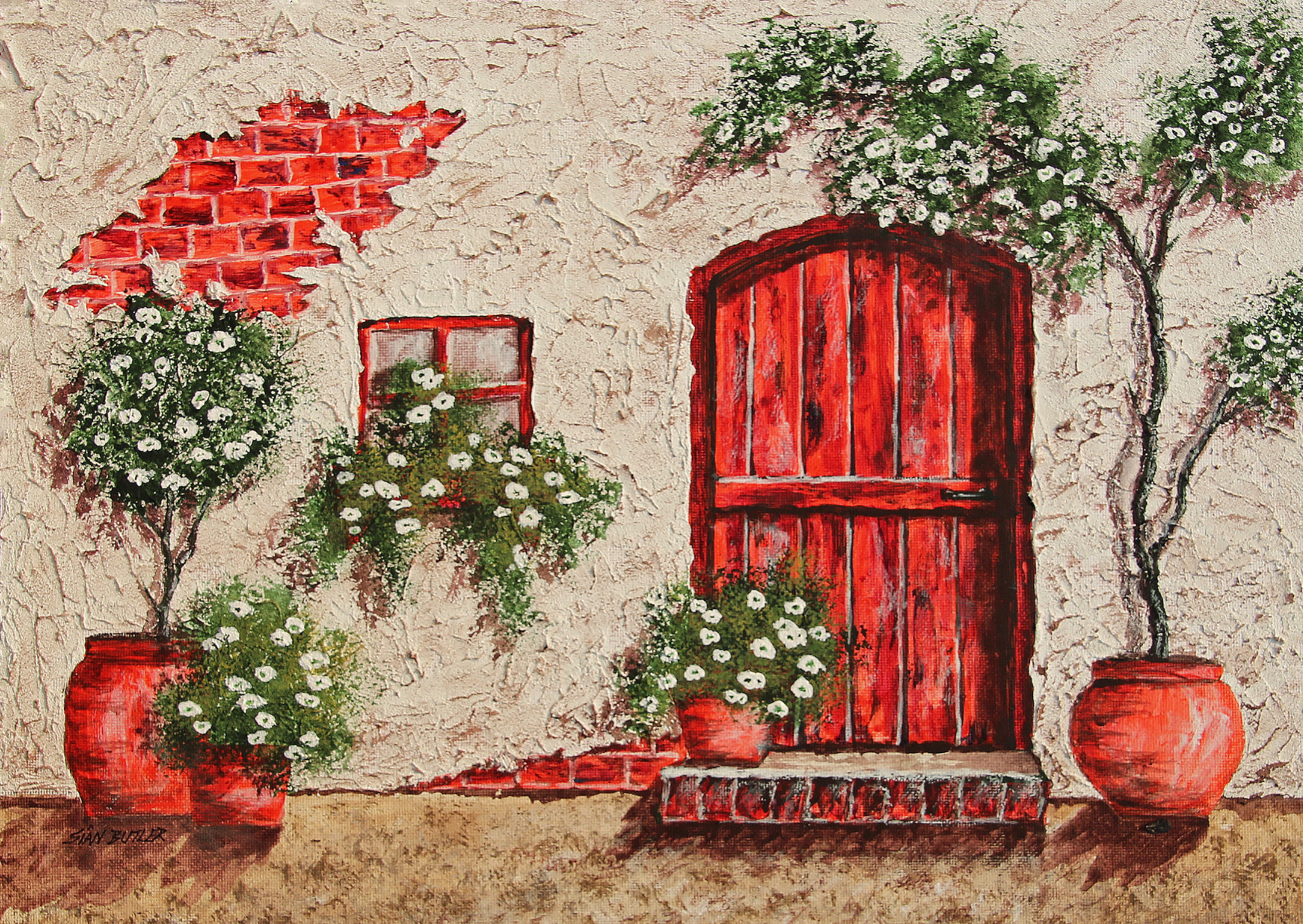 plaster, door, decoration, closed, potplant, tree, wall, urban Scene, facade, building Exterior, christmas, doorway, backgrounds, painting texture, town, HD Wallpaper