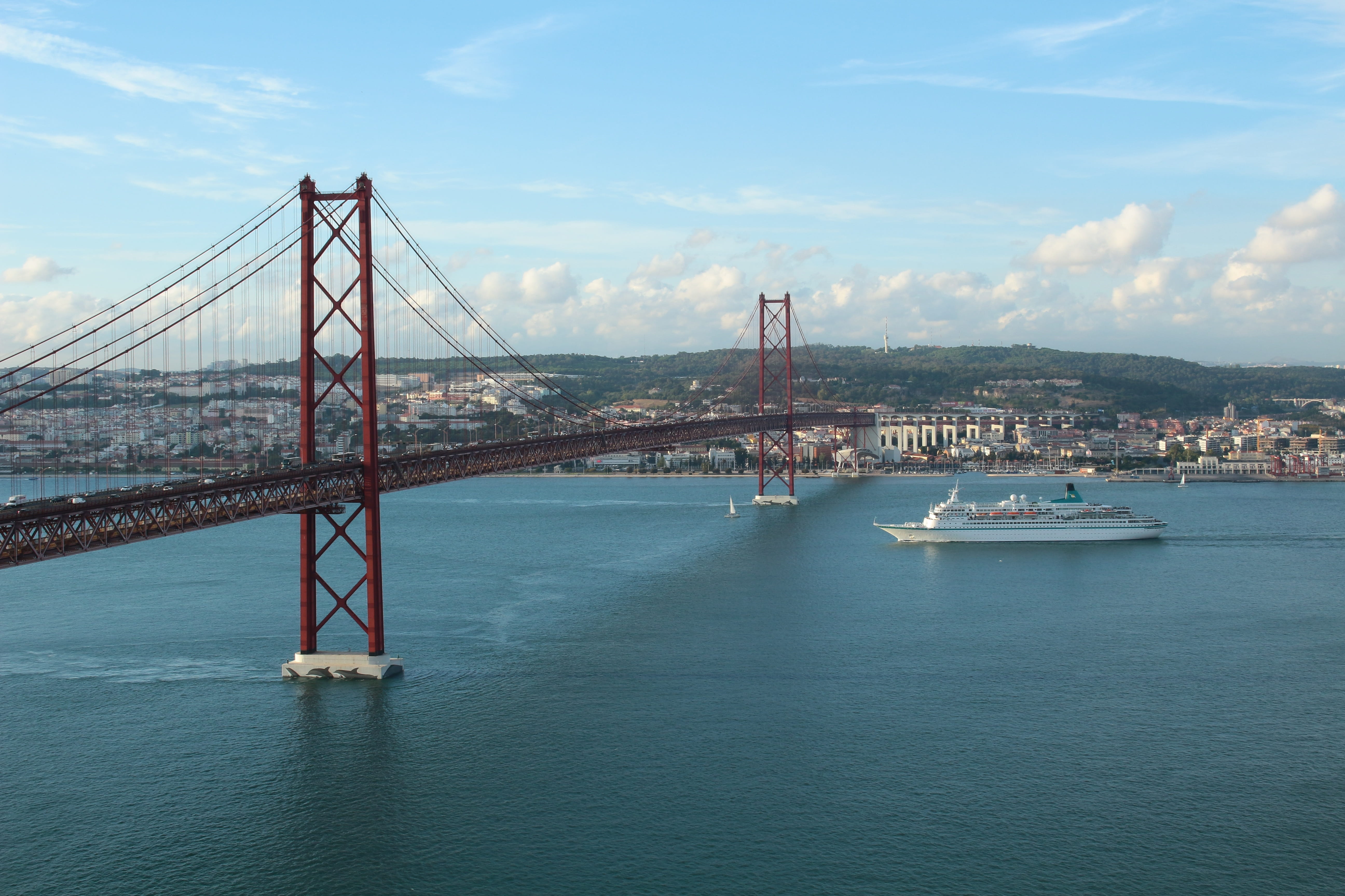 travel, portugal, travel destinations, lisbon, bridge - man made structure, connection, river, europe, bay, landscape, cityscape, building exterior, transportation, HD Wallpaper
