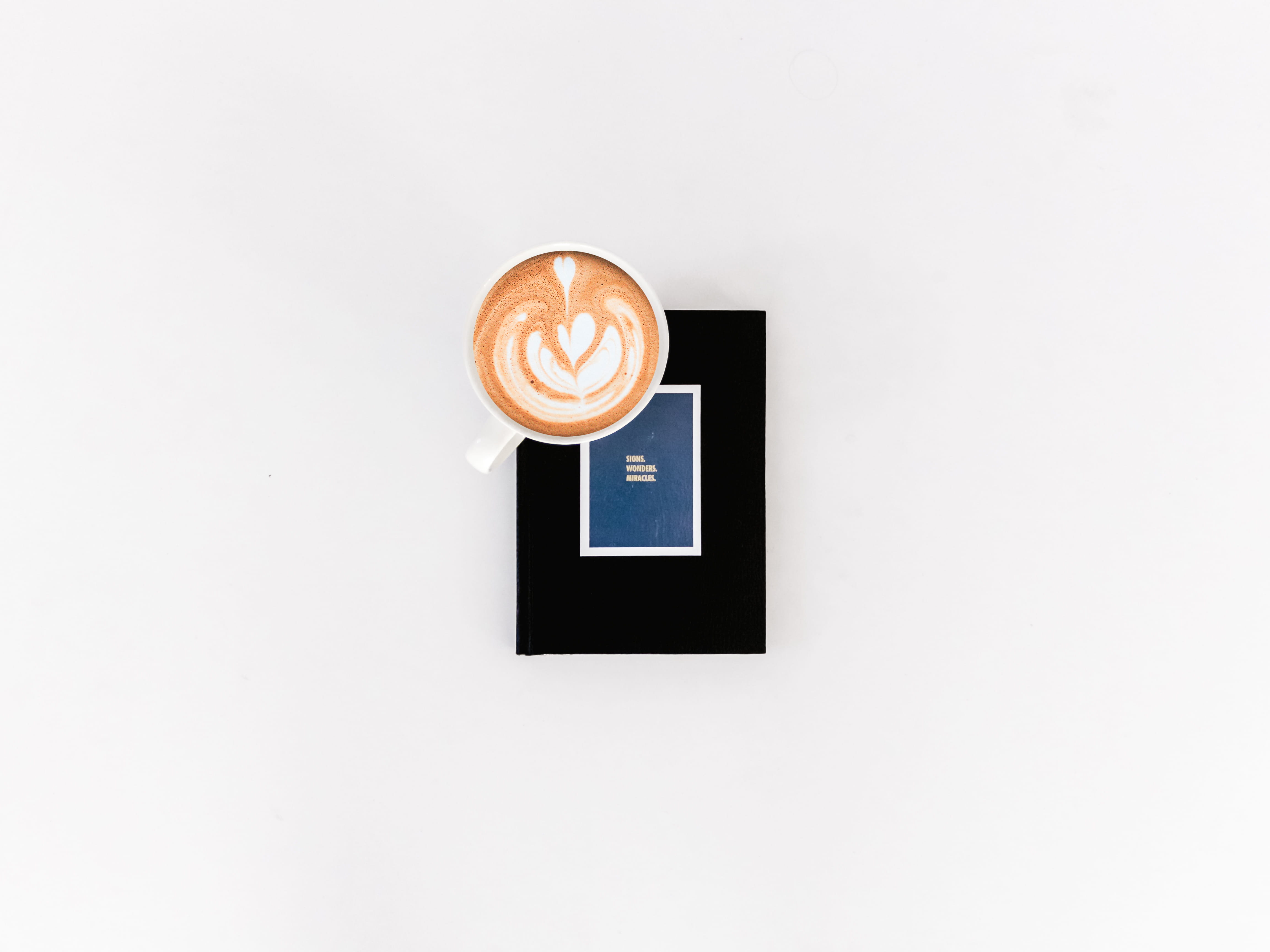 brochure, gold, paper, sticker, no people, business card, white color, coffee, coffee cup, cup, copy space, id cards, latte, white background, still life, HD Wallpaper