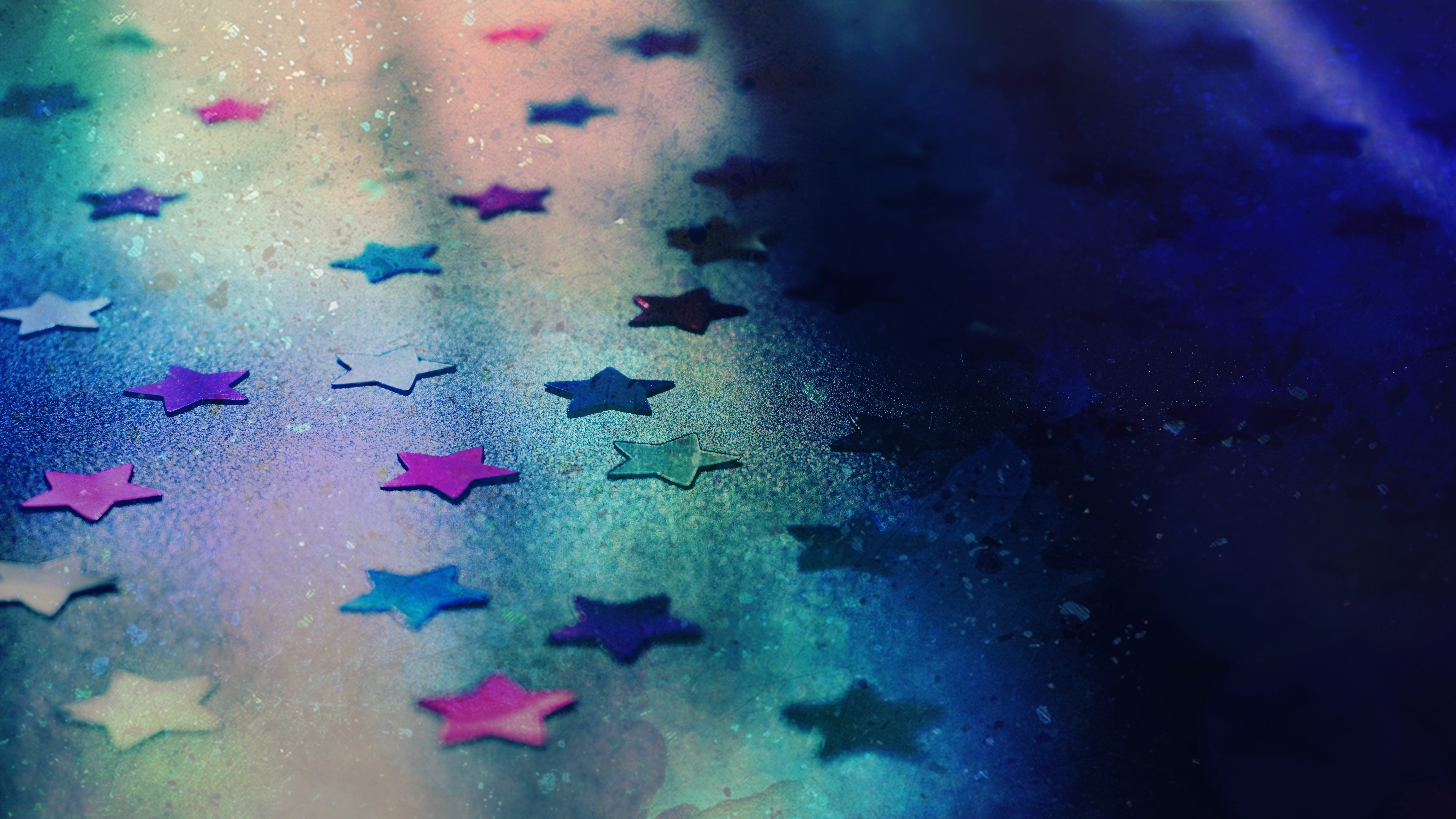 celebration, indoors, shape, digital composite, pattern, 5K, stars, nature, star shape, glitter, confettie, blue, multi colored, selective focus, HD Wallpaper