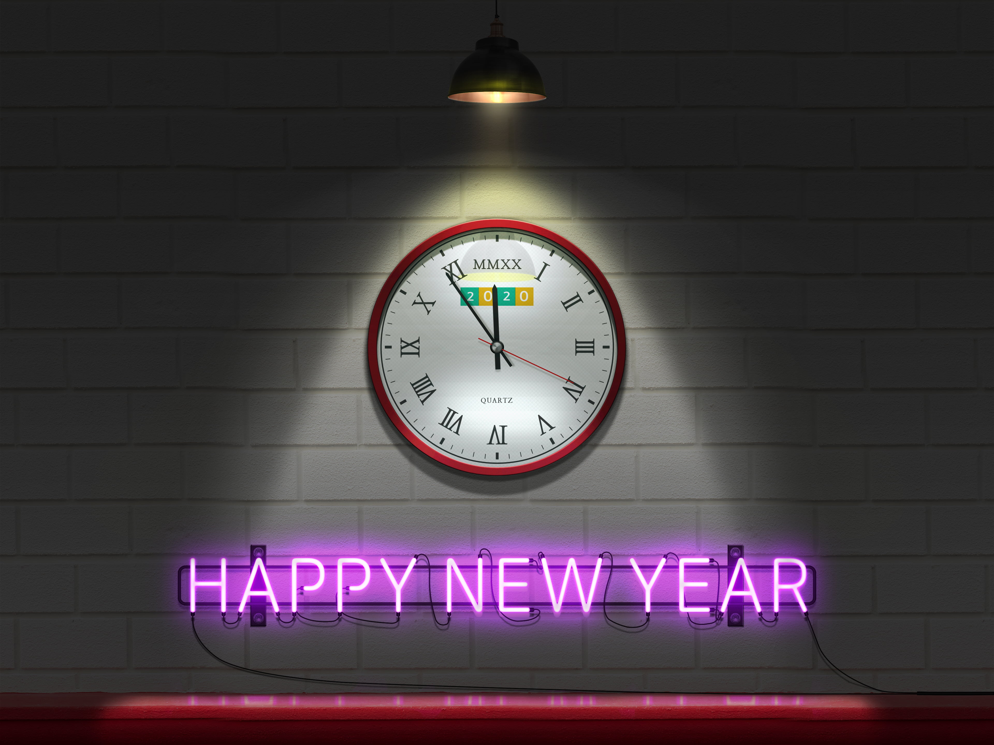 clocks, 2020, neon sign, lightning, New Year, 4K, Happy New Year, neon, wall, HD Wallpaper