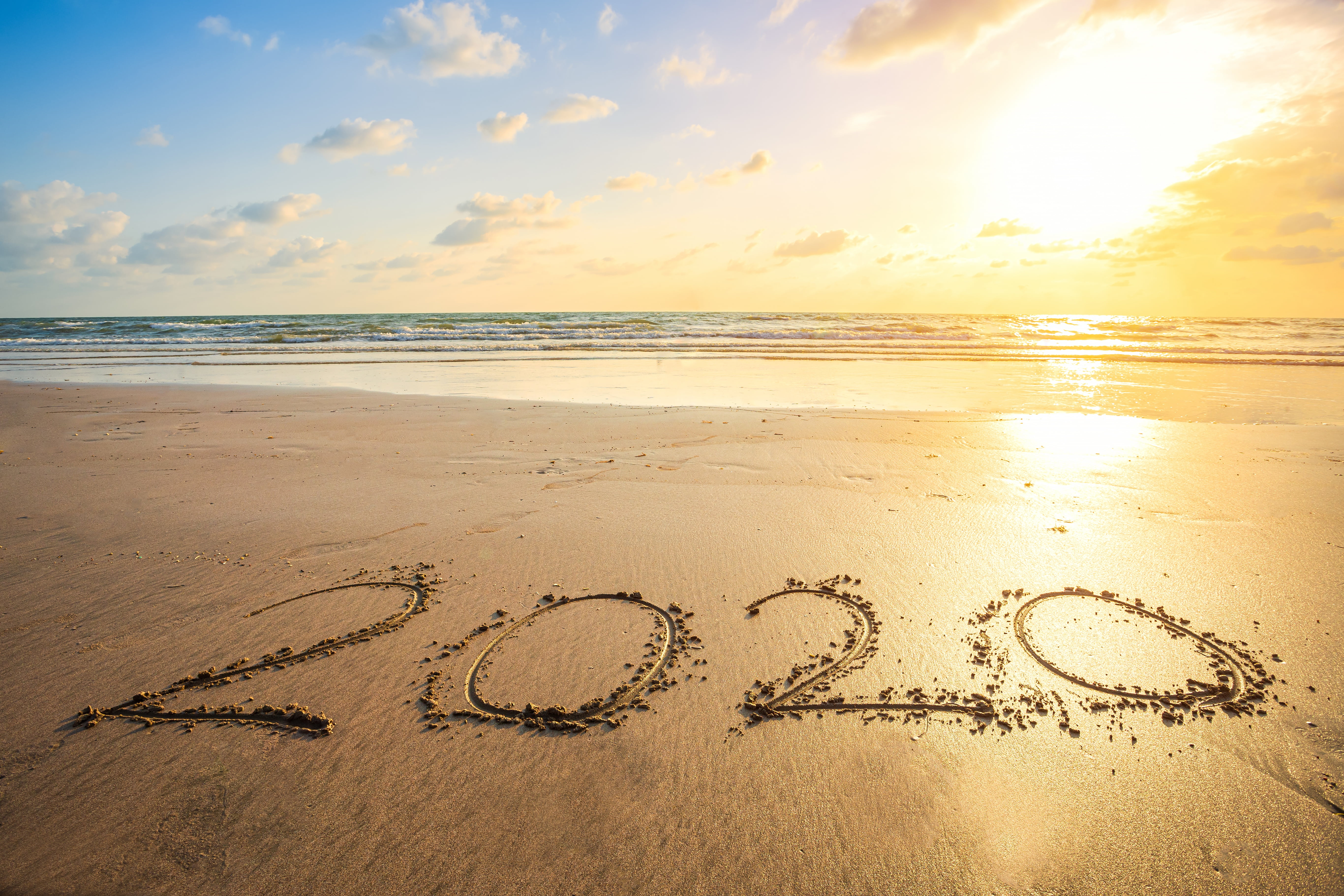 5K, New year, 2020, sea, happy, beach, sand, HD Wallpaper