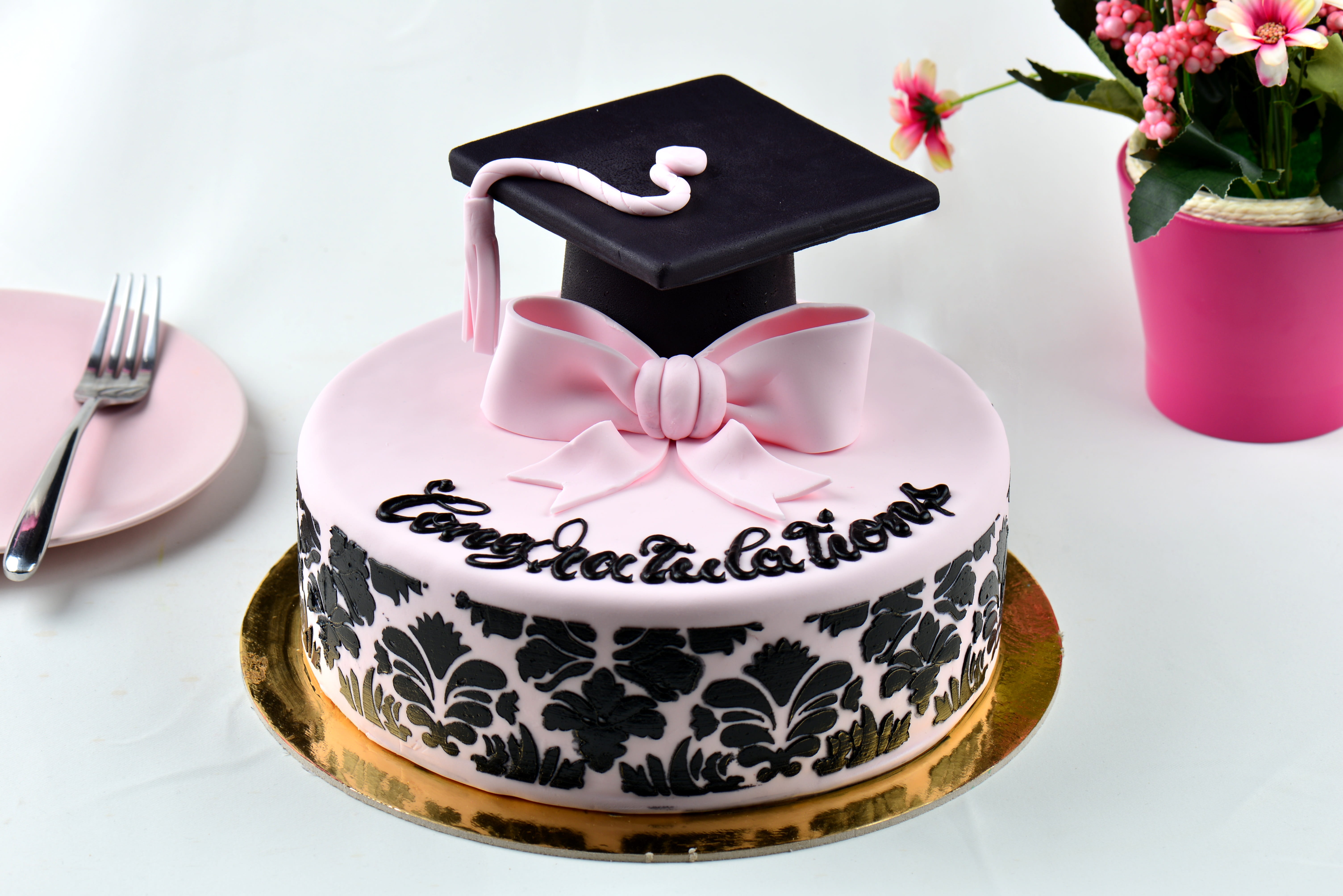 container, birthday, vase, crockery, graduation cake, cream, bake, flower, baked, pink color, baking, bakery, sweets, chocolate, pastries, book, indoors, HD Wallpaper