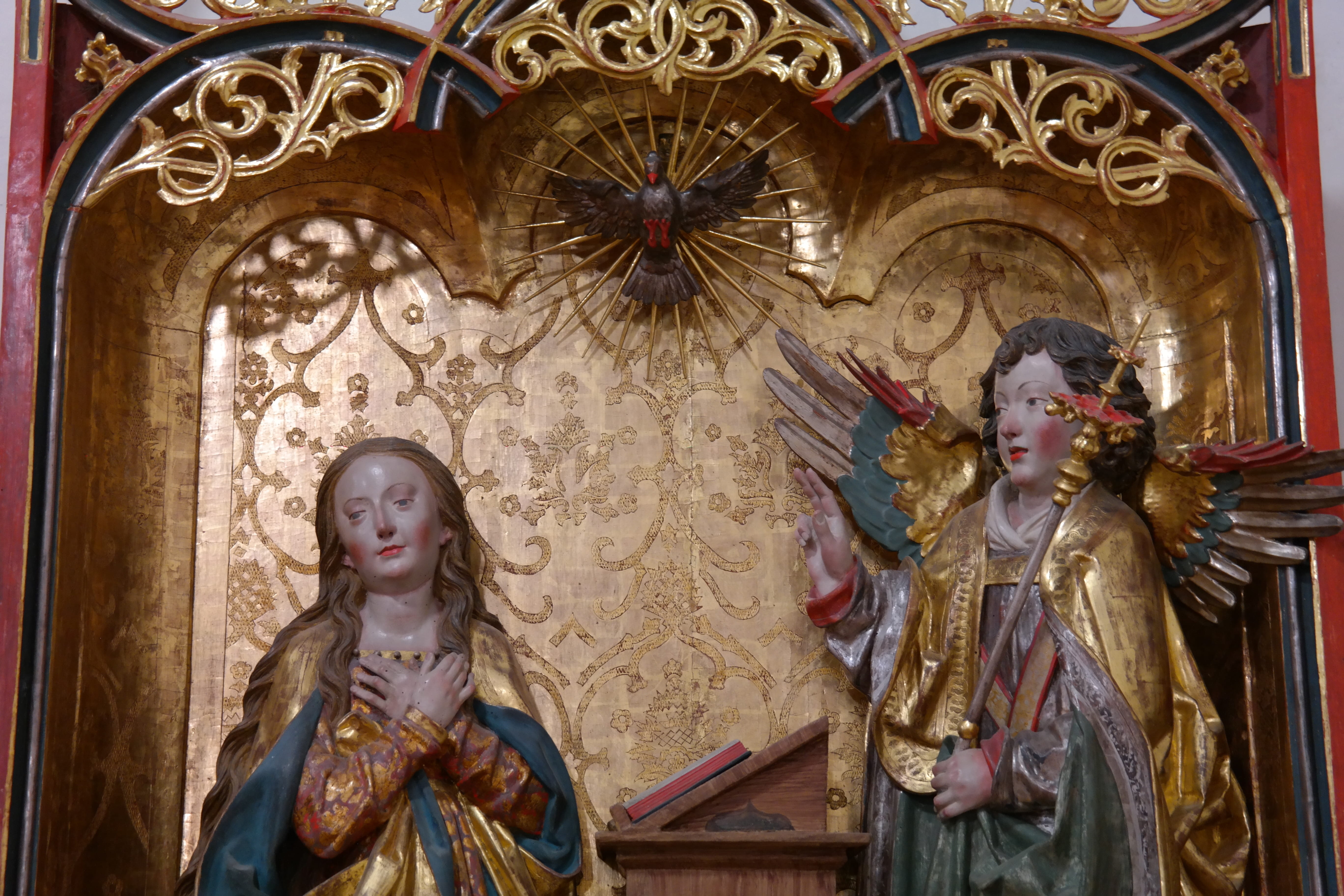 building, architecture, statue, annunciation group, human representation, built structure, place of worship, indoors, religion, art and craft, belief, gold, HD Wallpaper