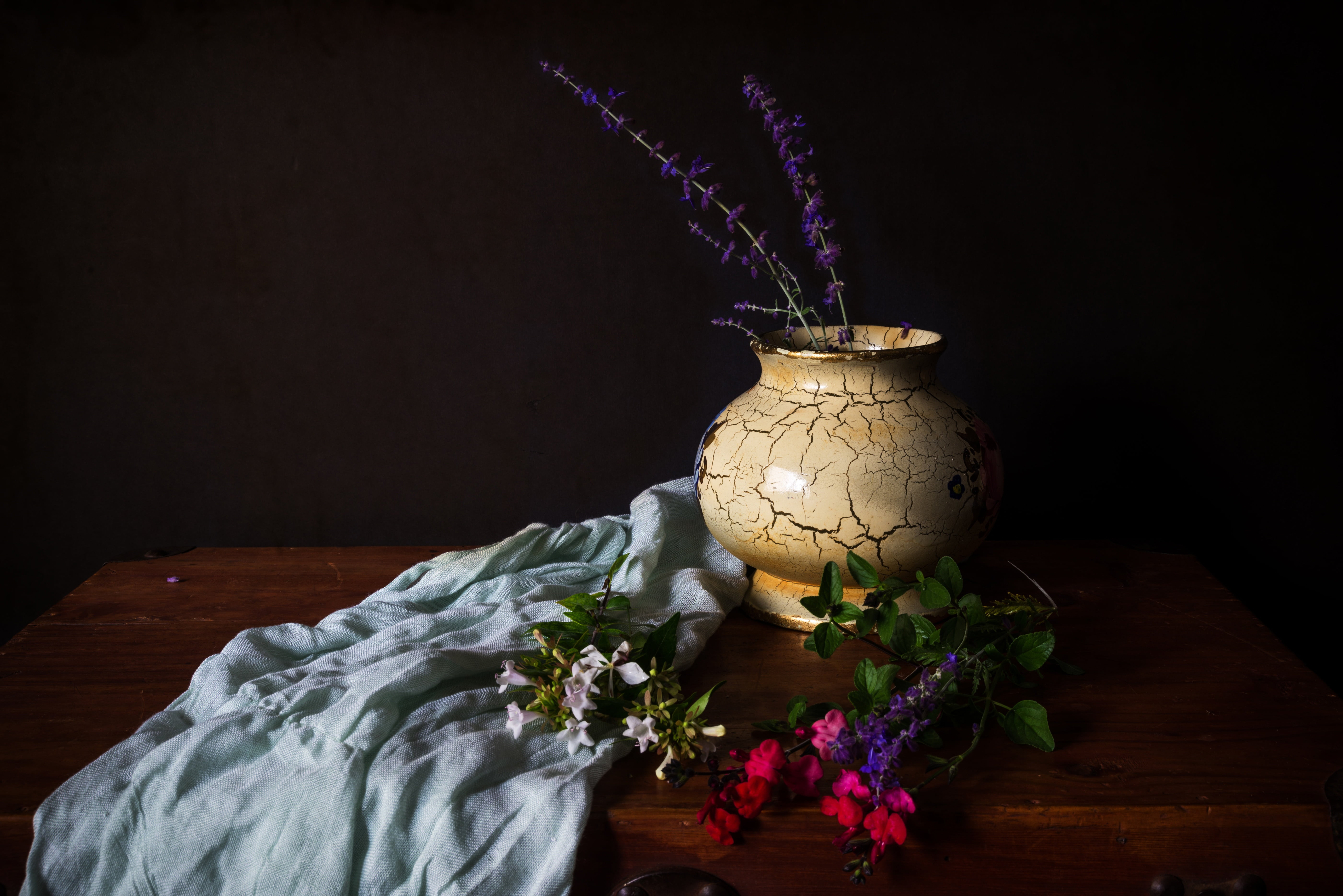 flowers, flower head, 5K, flowering plant, flower arrangement, candle, indoors, suitcase, table, flower, leaves, art and craft, purple, color, brown, photo, HD Wallpaper