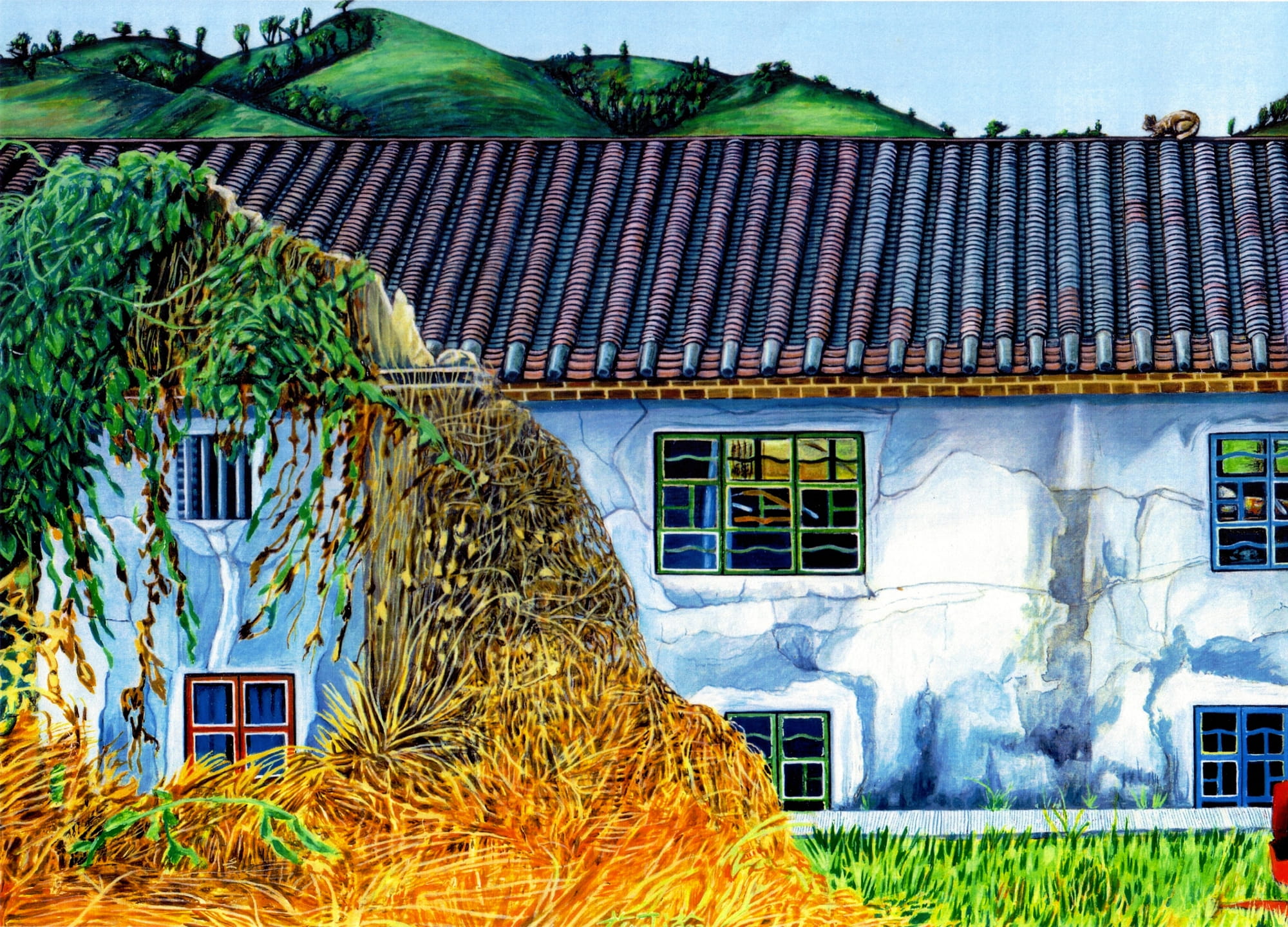 painting, rural Scene, roof, grass, entrance, green color, remains, paints, nature, outdoors, architecture, Acrylic Paints, plant, old, building Exterior, HD Wallpaper