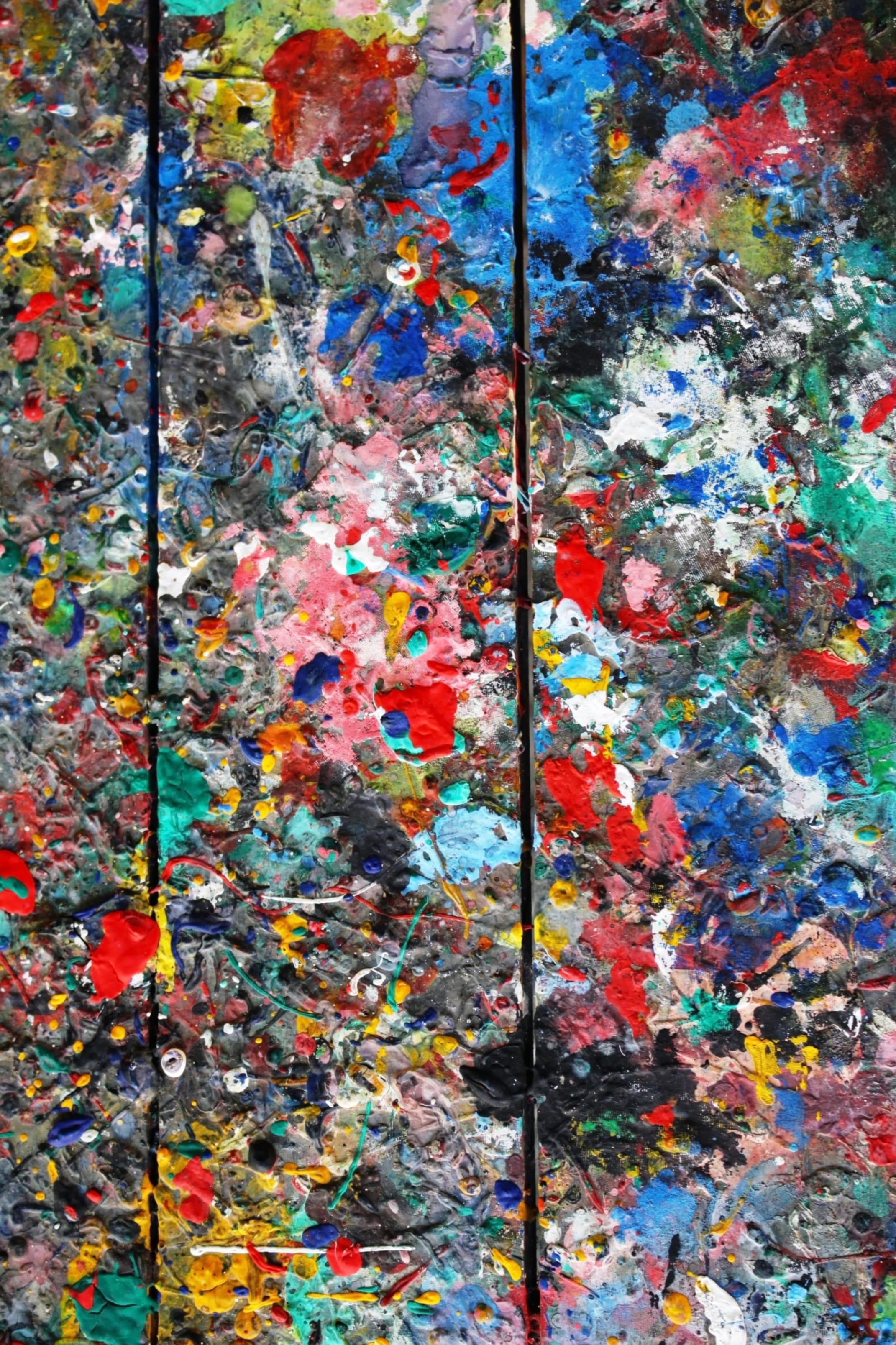 chaos, 2K, creative, palette, canvas, color, blue, art, architecture, close-up, bright, artists, red, colorful, yellow, covered, multi colored, day, texture, Phone HD Wallpaper