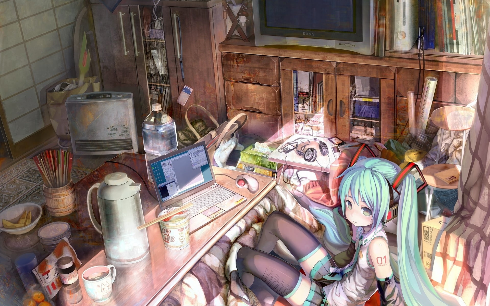 indoors, wood - material, hatsune miku, cooking utensil, illustration, table, room, large group of objects, variation, high angle view, miku, computer, HD Wallpaper