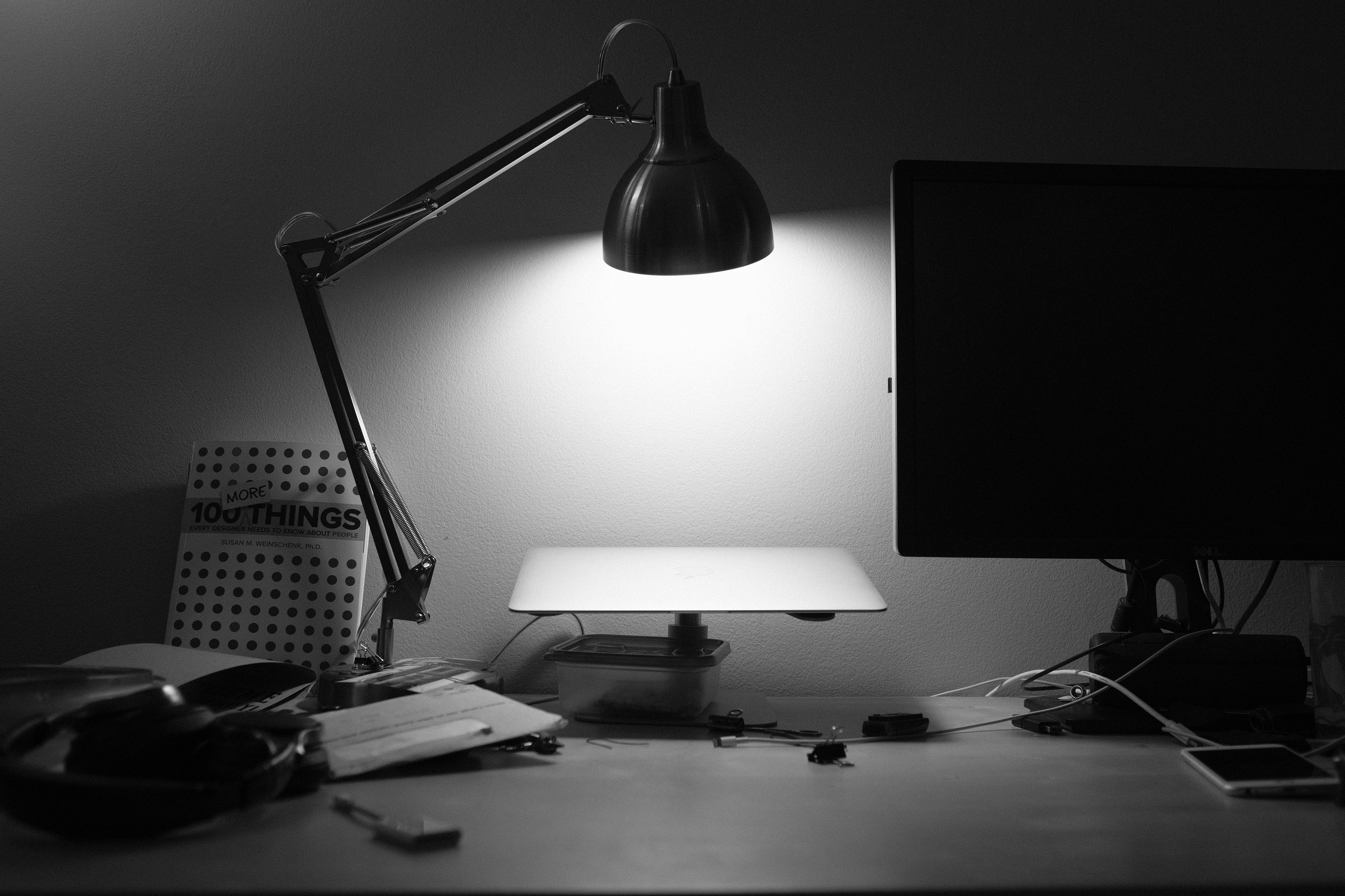 5K, office, landline phone, communication, desk, workspace, laptop, desktop, wall - building feature, technology, illuminated, desk lamp, light, work, HD Wallpaper