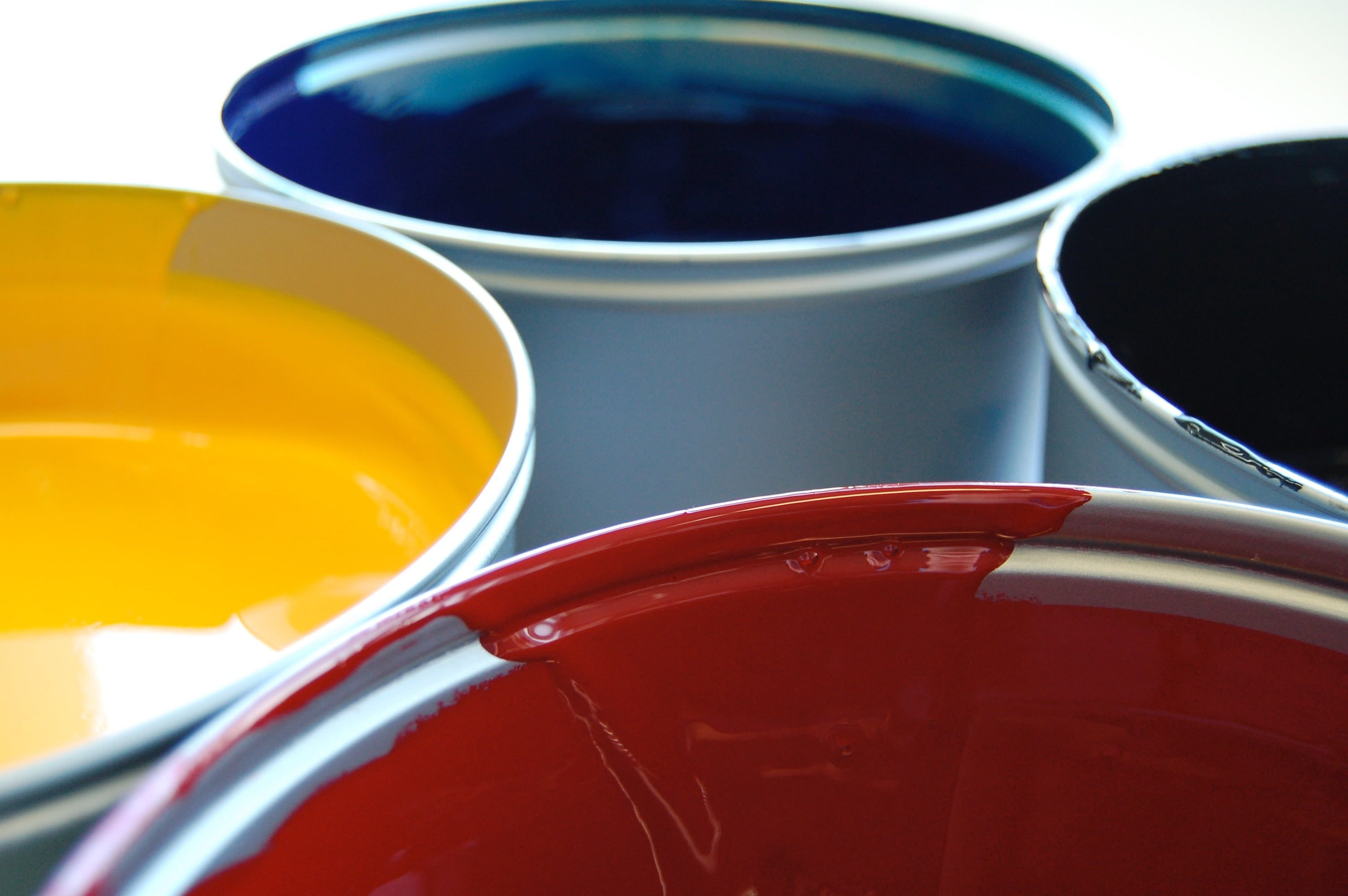 print, color, cup, red, four, group of objects, printing inks, close-up, focus on foreground, food and drink, yellow, high angle view, no people, four-color printing, HD Wallpaper