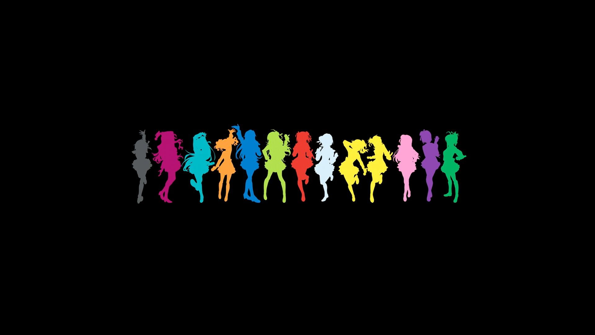 girls, colorful, ster, black, 1080P, background, black background, yellow, idolm, the idolmster, anime, woman, blue, pose, anime girls, shadows, green, HD Wallpaper