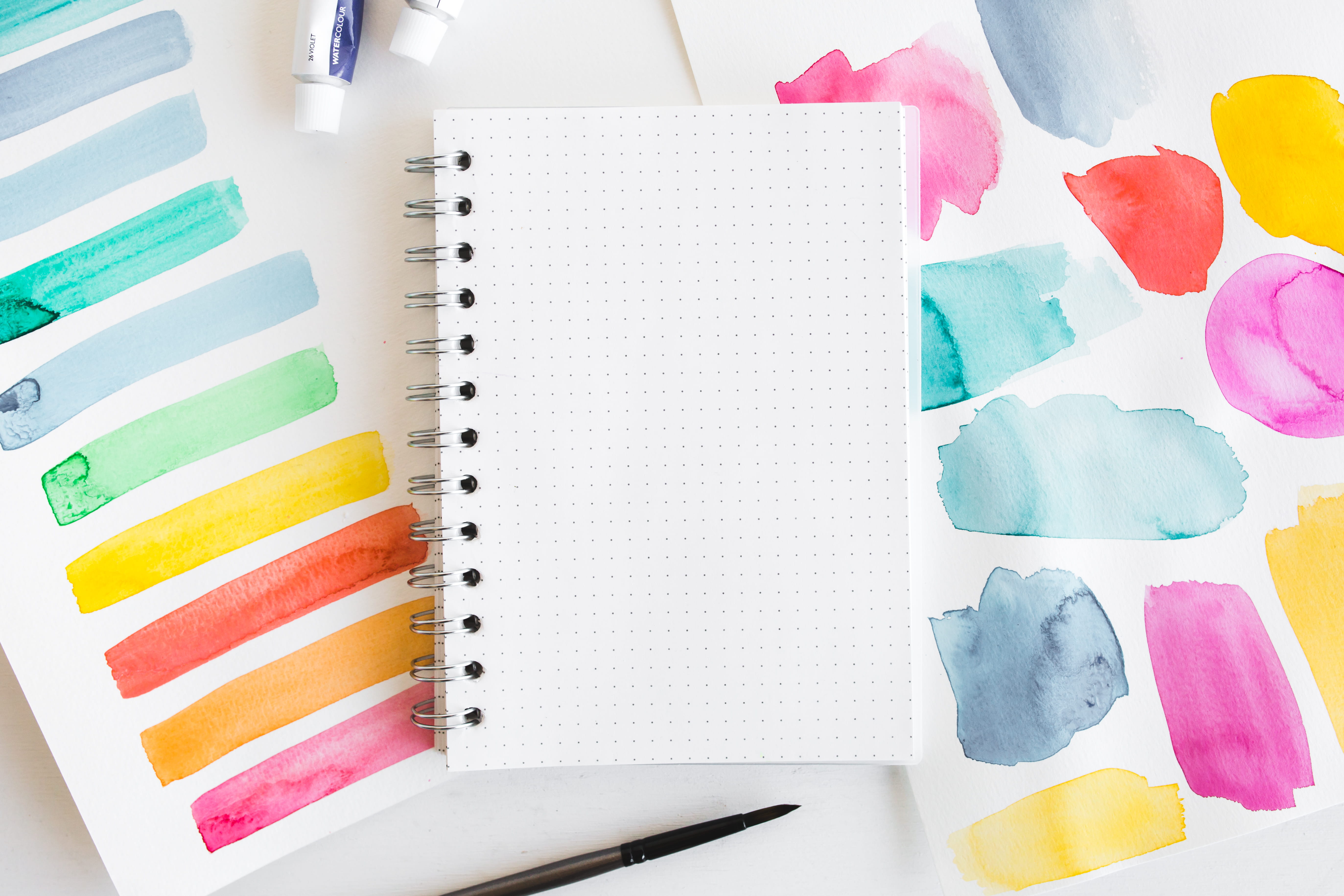 blank, high angle view, color swatch, notebook, art and craft equipment, craft, still life, 5K, directly above, pen, variation, no people, white, table, HD Wallpaper