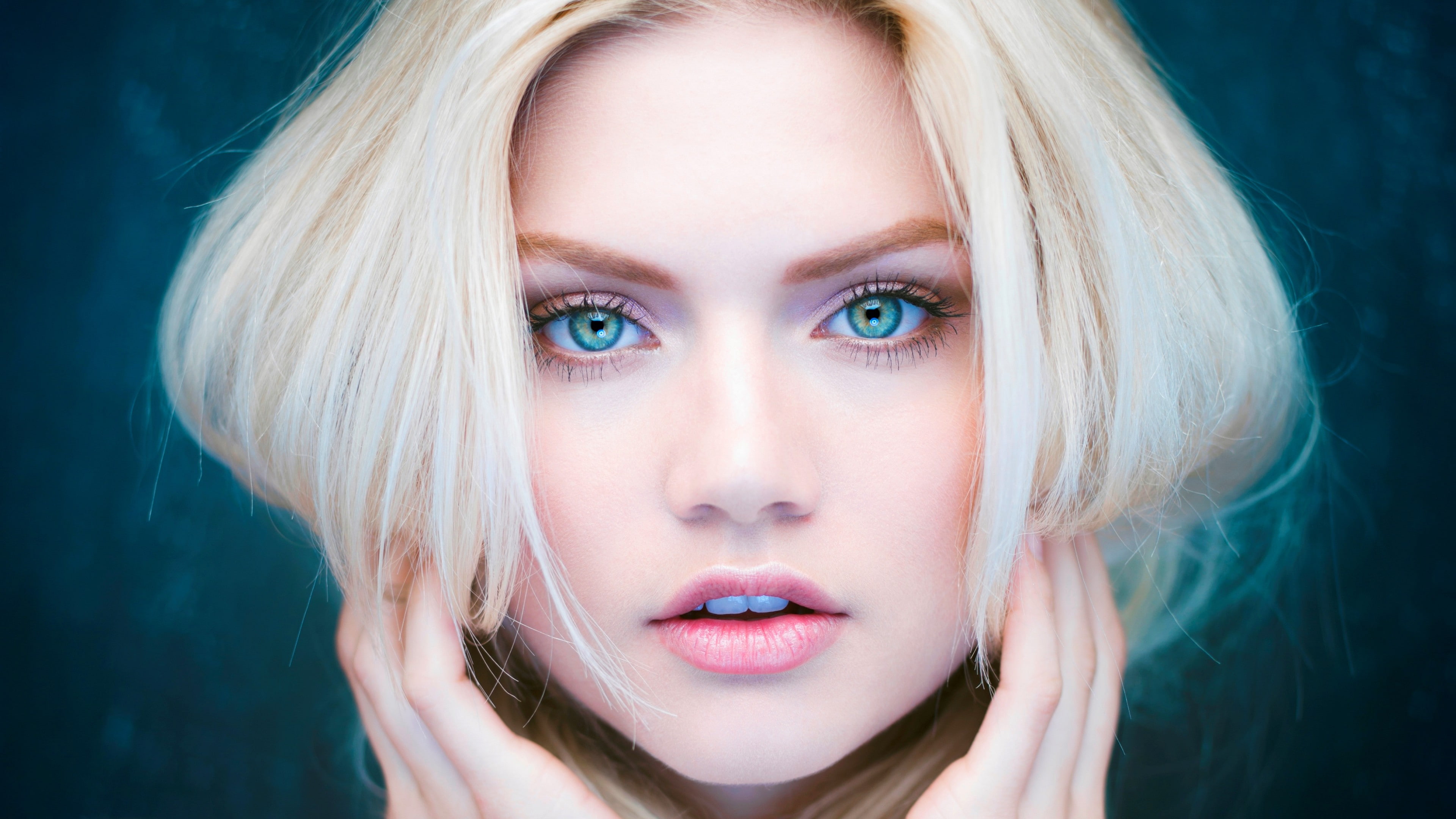 face, 4K, closeup, blue eyes, blonde, women, Martina Dimitrova, HD Wallpaper