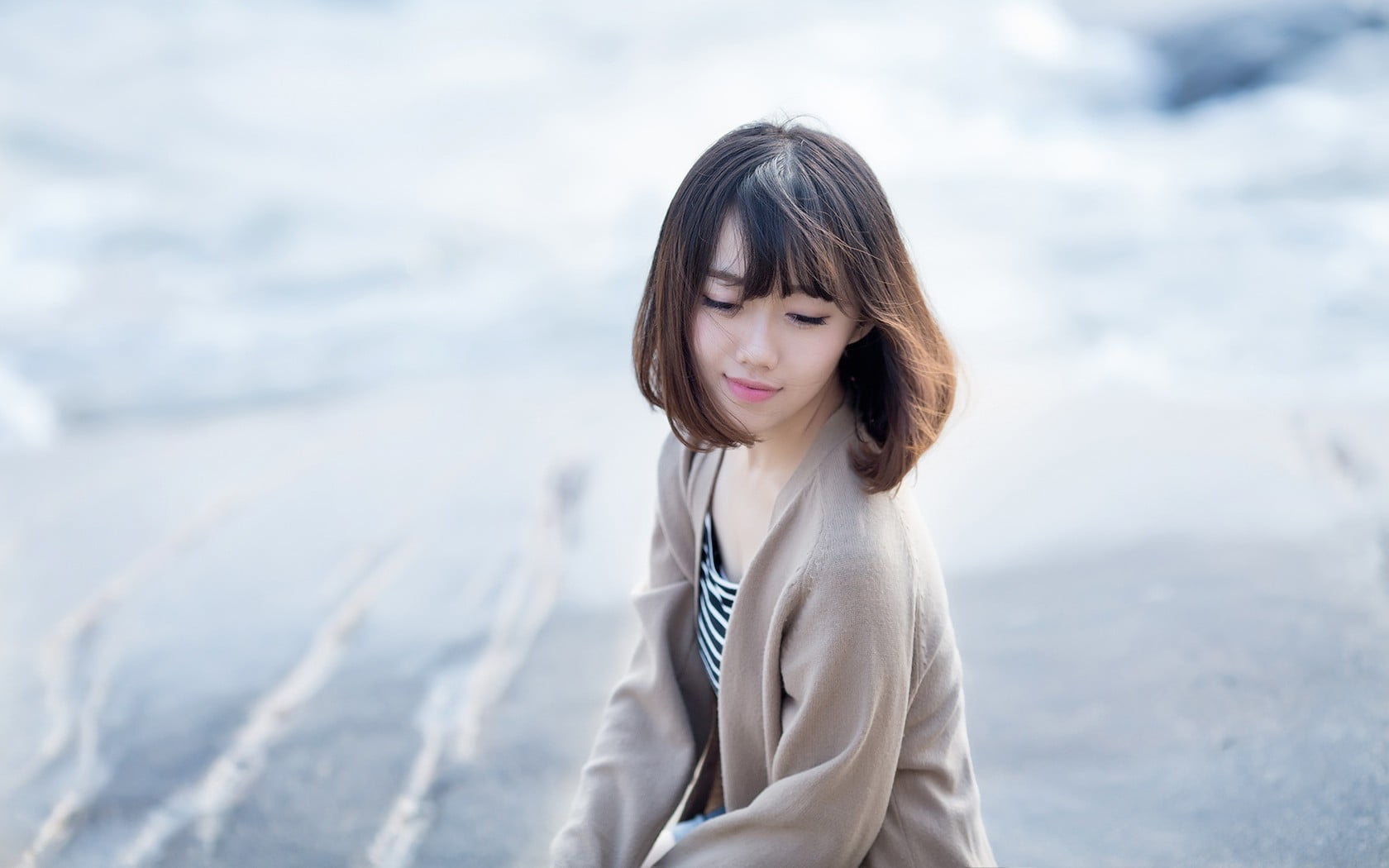smiling, waist up, hairstyle, women, long eyelashes, brunette, beach, closed eyes, real people, water, model, Asian, lifestyles, outdoors, hair, 720P, HD Wallpaper