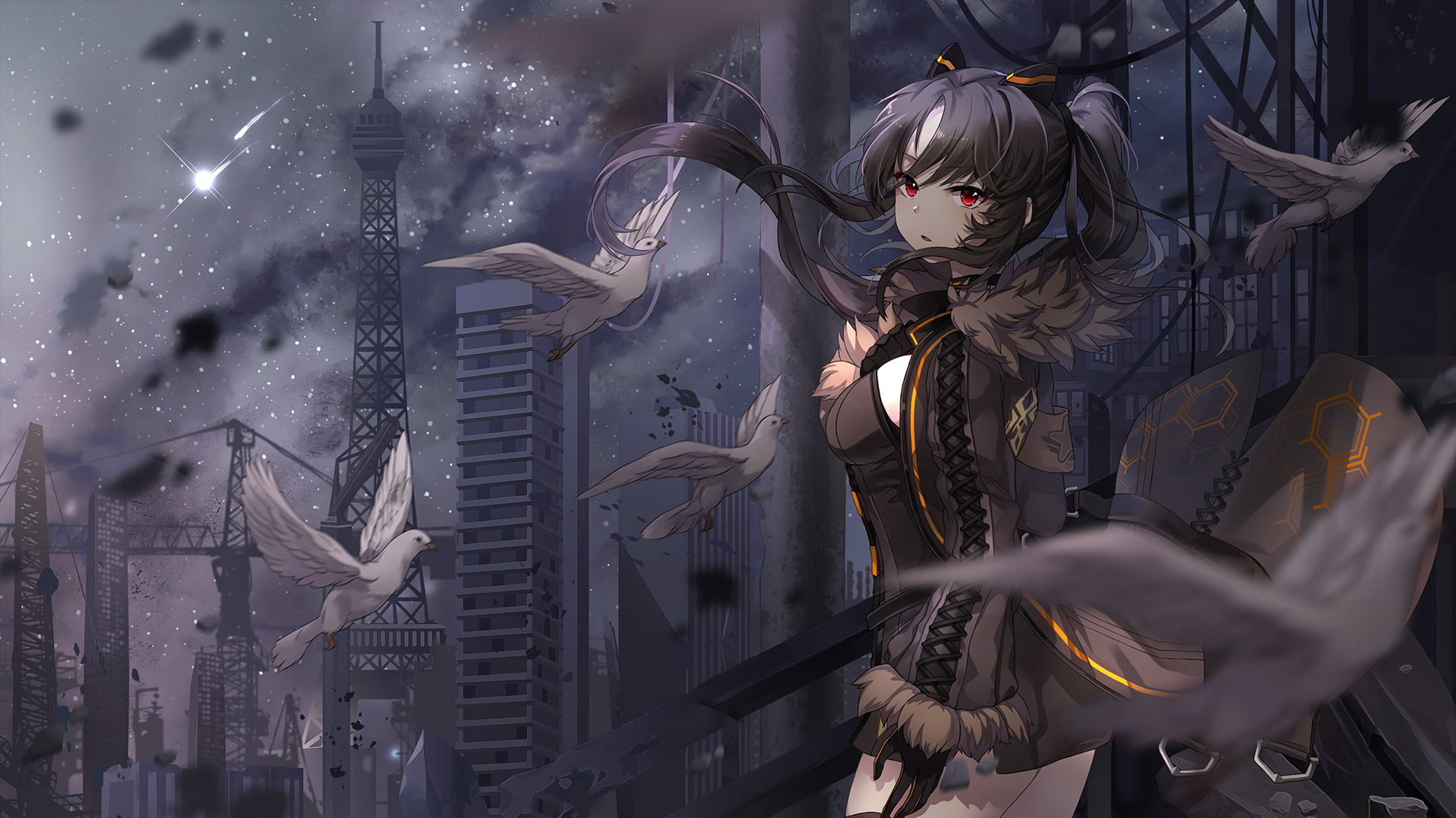 Black Hair, Bird, 1080P, Iris yuma, Long Hair, SoulWorker, Red Eyes, Video Game, HD Wallpaper