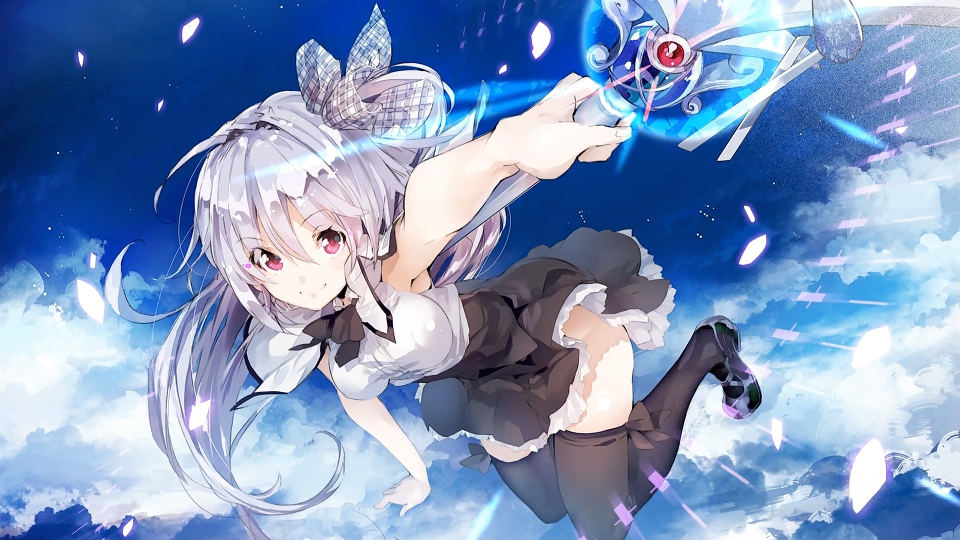 clouds, 1080P, red eyes, anime, Freyja Iris, Juuou Mujin no Fafnir, thigh-highs, anime girls, HD Wallpaper