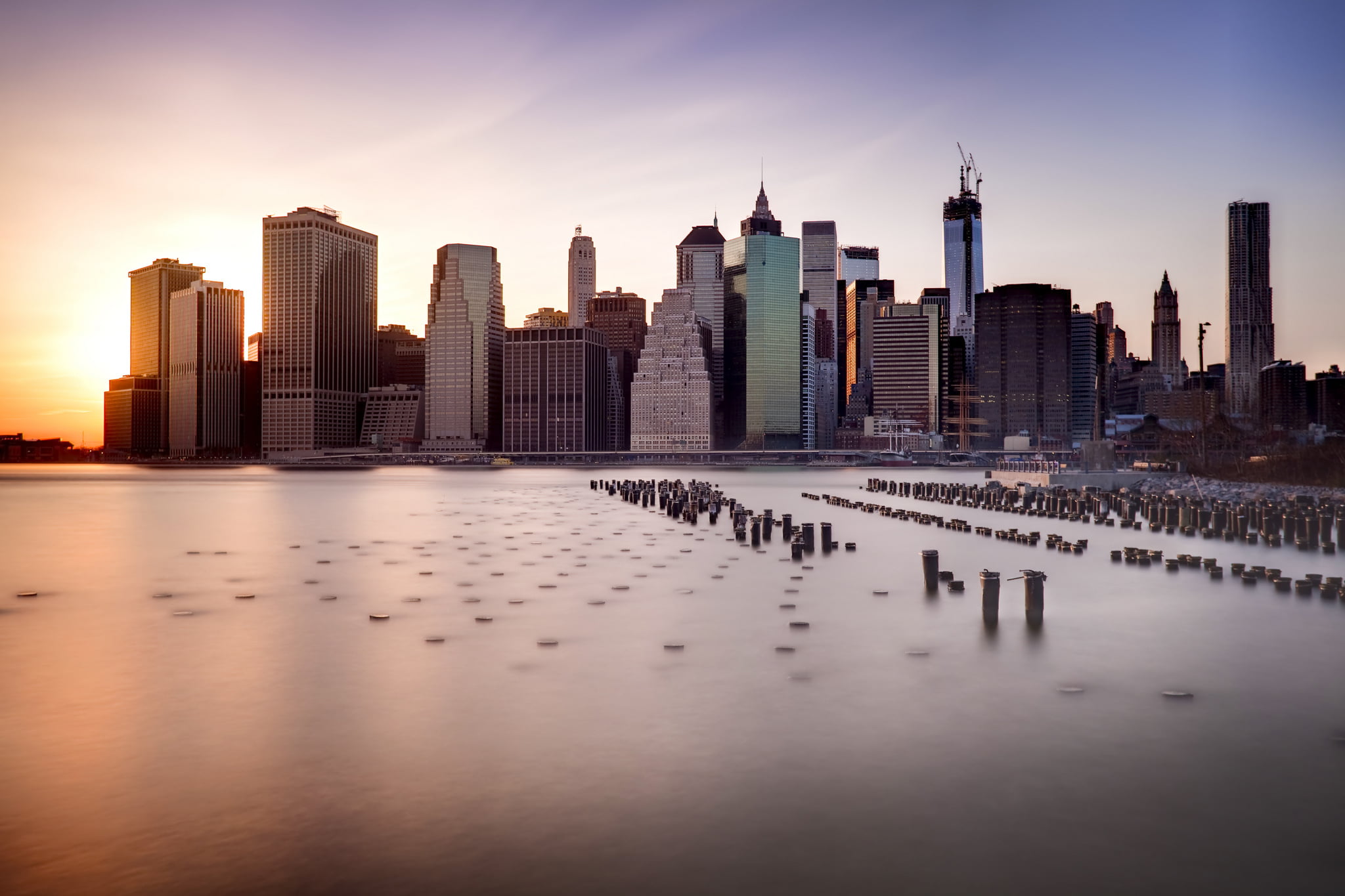 landscape, rise, building, the city, body, architecture, 1080P, tower, waterfront, cityscape, urban skyline, buildings, skyscrapers, Brooklyn Bridge, water, HD Wallpaper