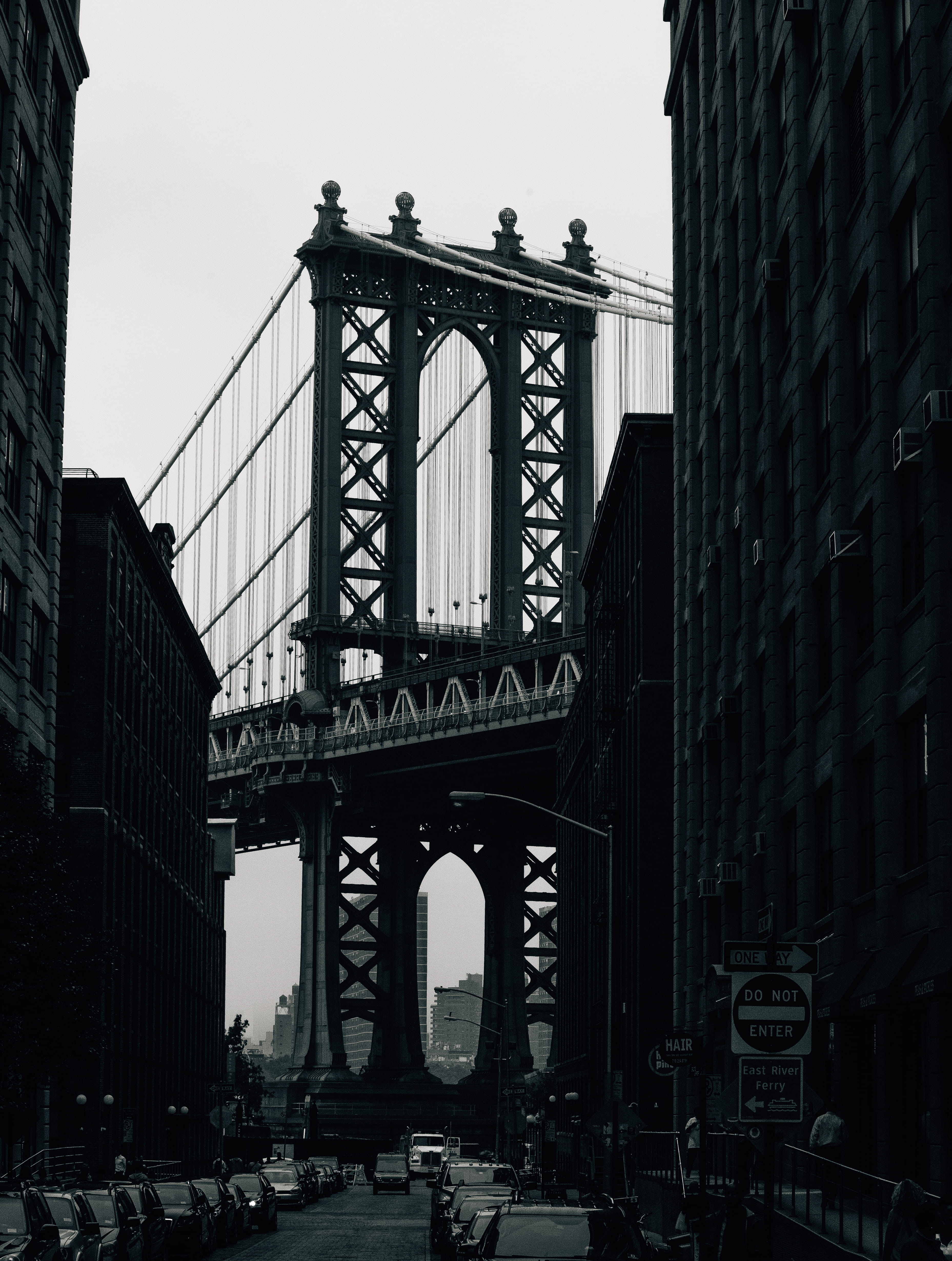 city, nyc, transportation, tourism, no people, outdoors, day, black and white, brooklyn, nature, office building exterior, connection, clear sky, bridge - man made structure, Phone HD Wallpaper