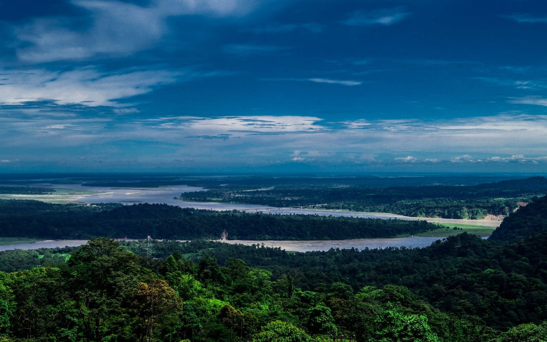 outdoors, beauty in nature, 1080P, plant, land, tranquil scene, non-urban scene, green color, day, idyllic, clouds, high angle view, green, forest, trees, HD Wallpaper