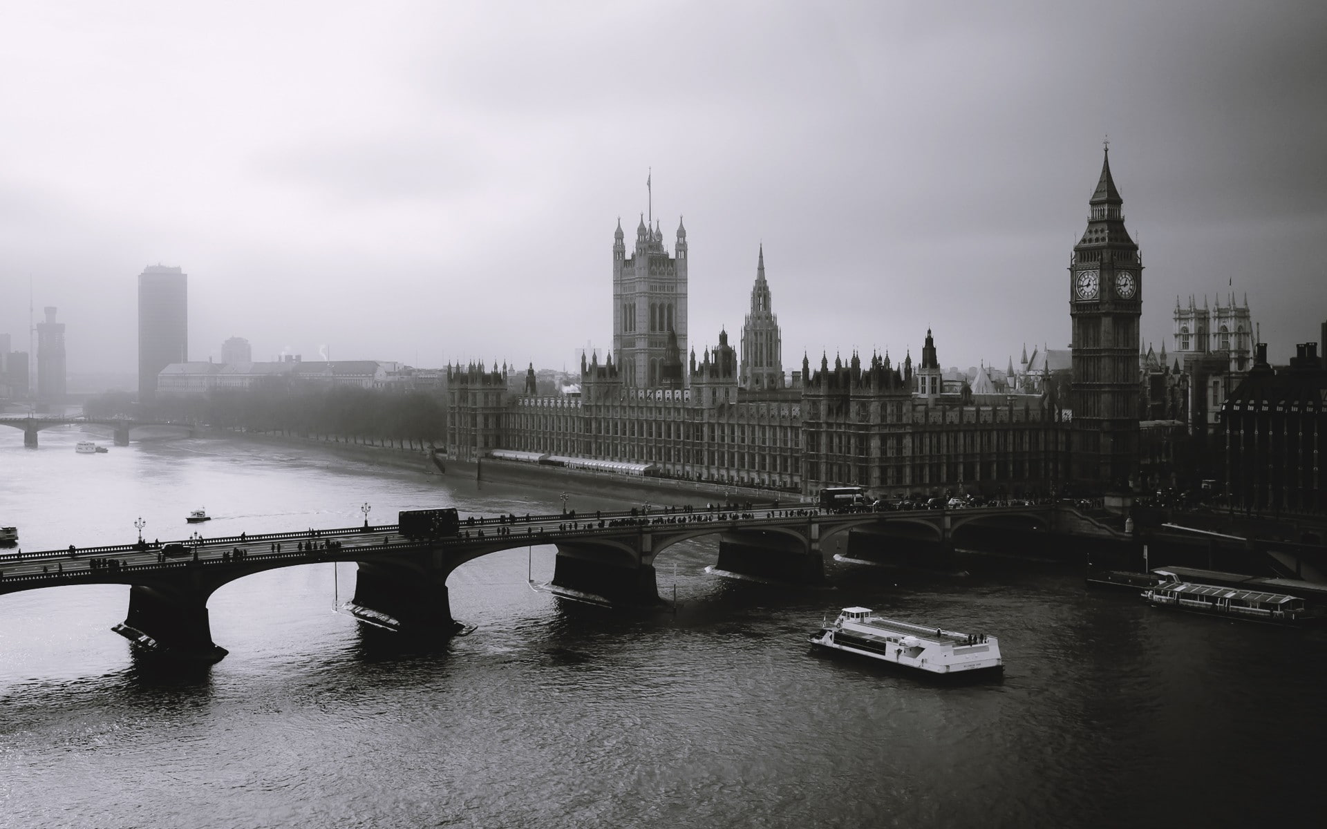 city, monochrome, mist, building, river, architecture, bridge, River Thames, photography, water, urban, 1080P, Big Ben, London, UK, HD Wallpaper