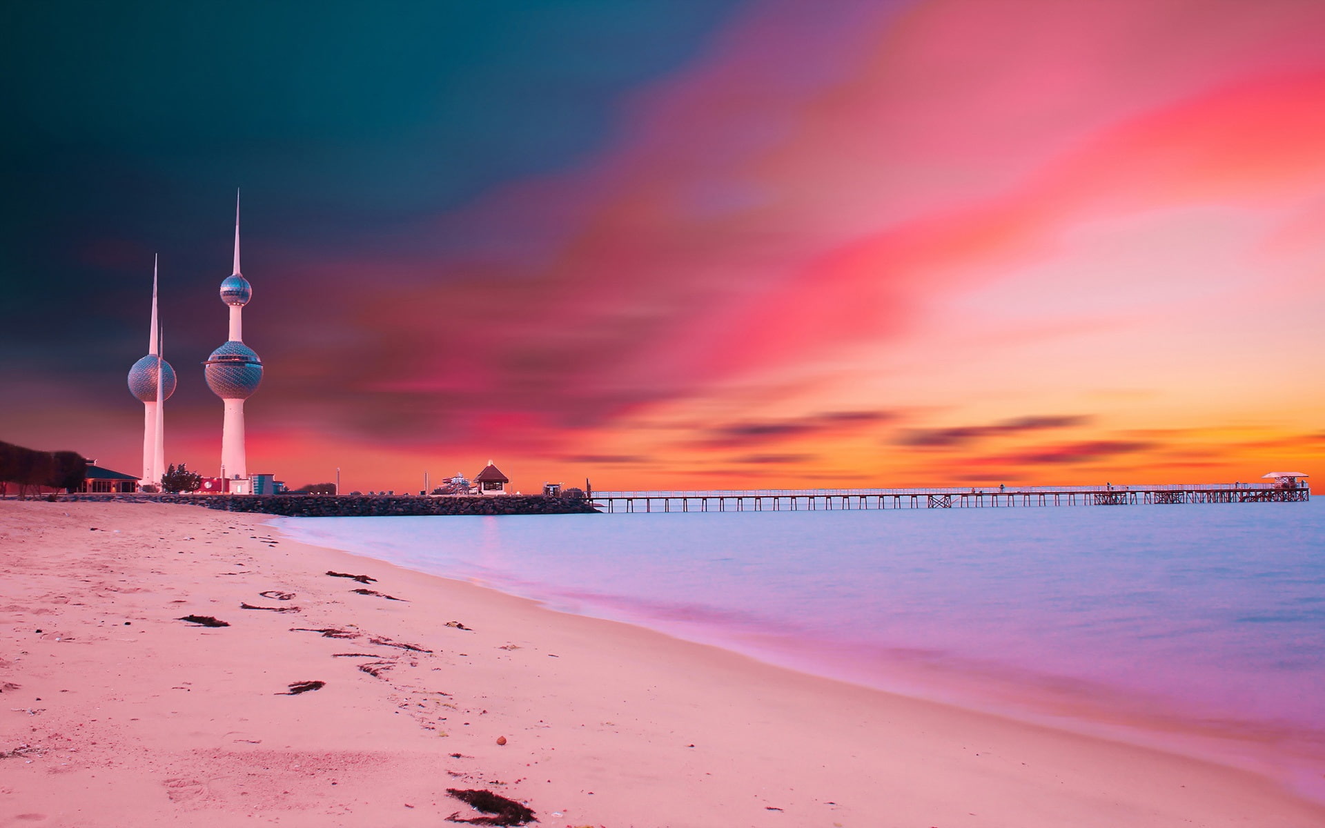 Kuwait, Beach, Bridge, Sunset, Towers, Coast, 1080P, HD Wallpaper