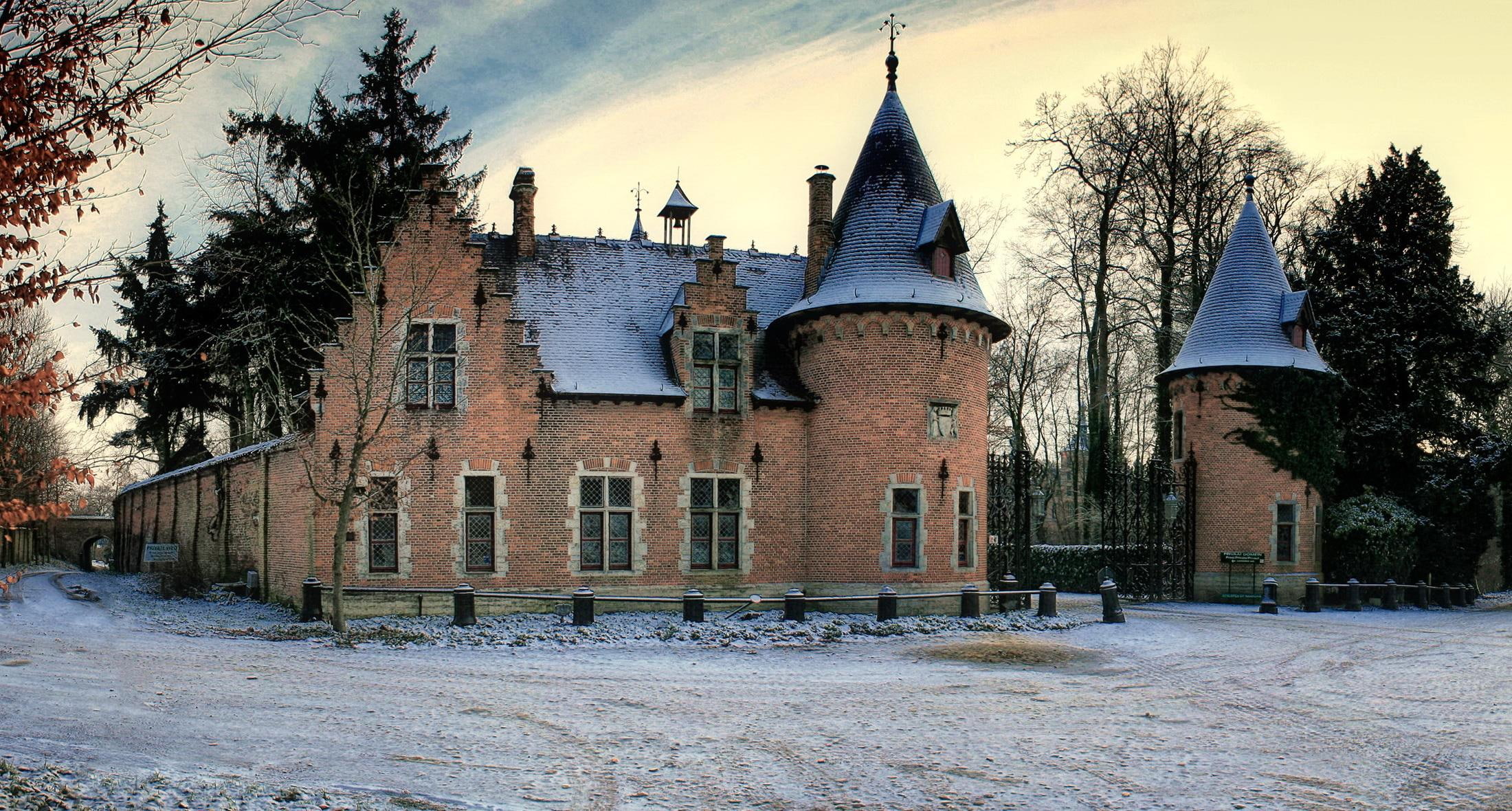 house, castle, east, ooidonk, snow, flanders, deinze, 1080P, fortress, winter, trees, architecture, belgium, HD Wallpaper
